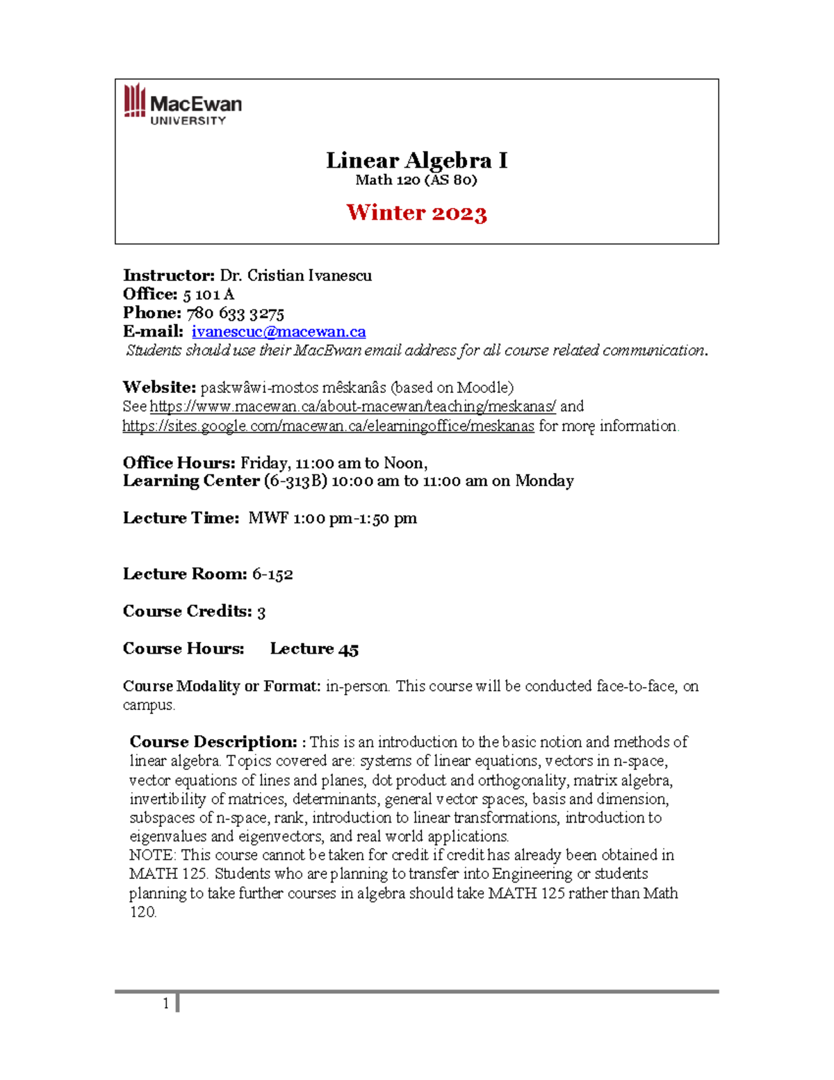 MATH 120 Winter 2023 Course Outline: Linear Algebra I Details - Studocu