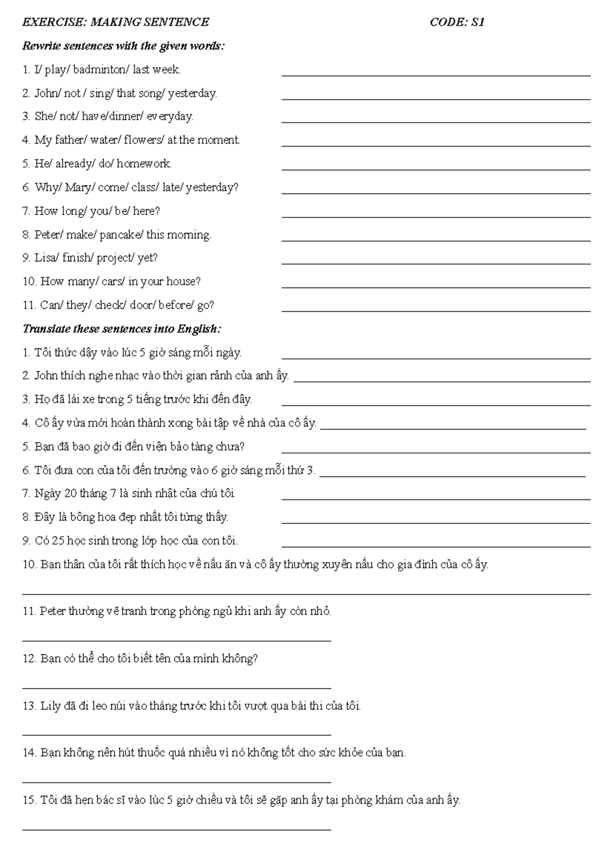 Englishvvvvvvvv - EXERCISE: MAKING SENTENCE CODE: S Rewrite sentences ...