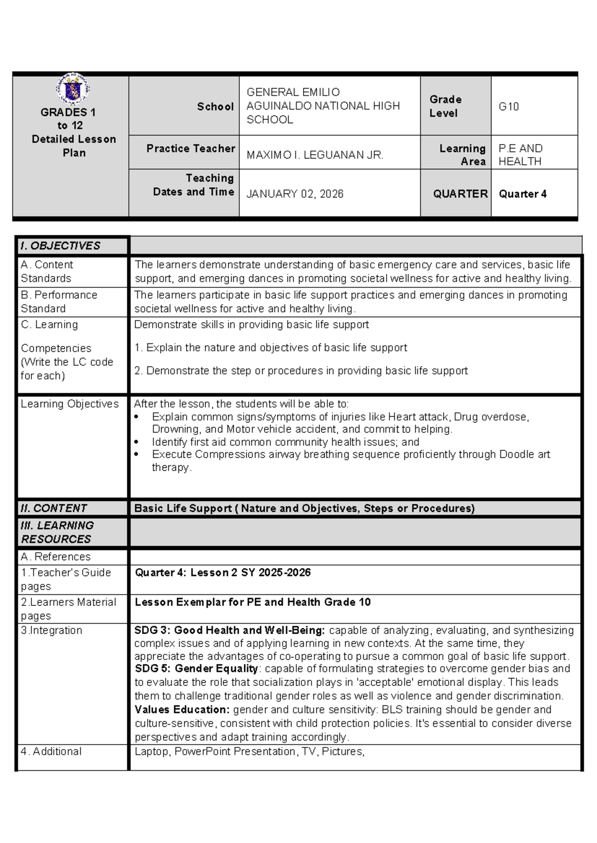 Basic Life Support Lesson Plan for G10 - Quarter 4 DLP - Studocu