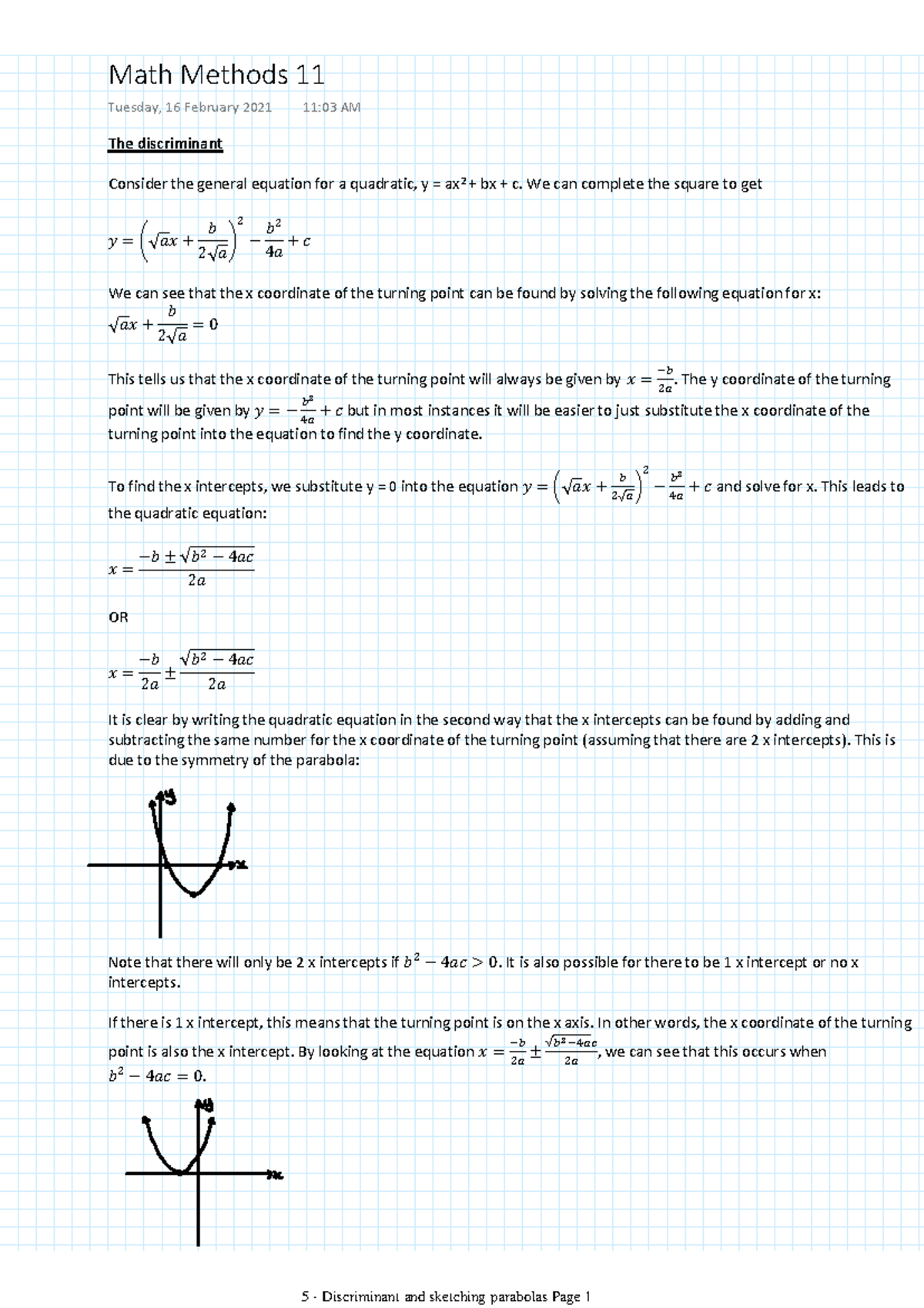 Math Methods 11: Discriminant & Sketching Parabolas Notes - Studocu