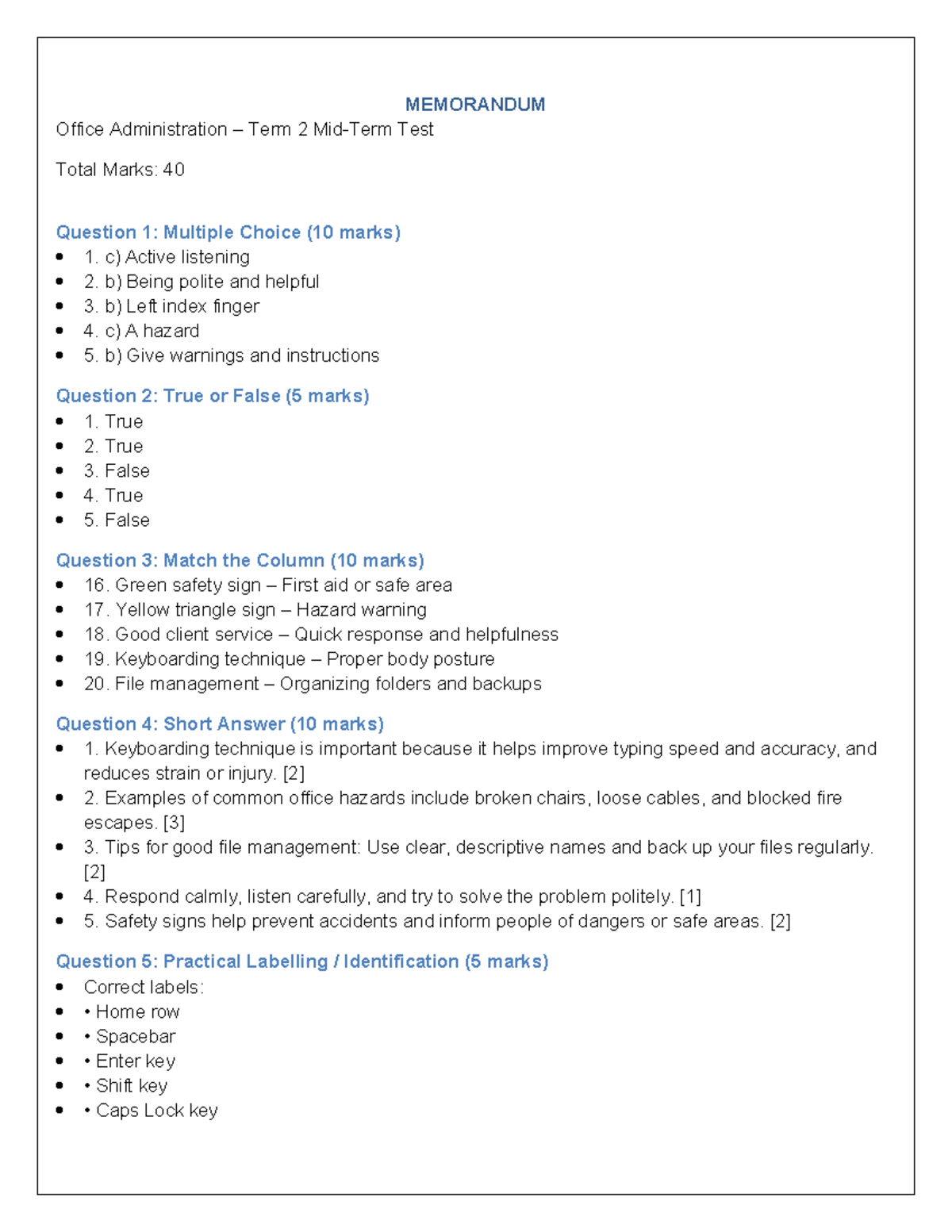 Office Admin – Term 2 Mid-Term Test Memorandum and Answers - Studocu