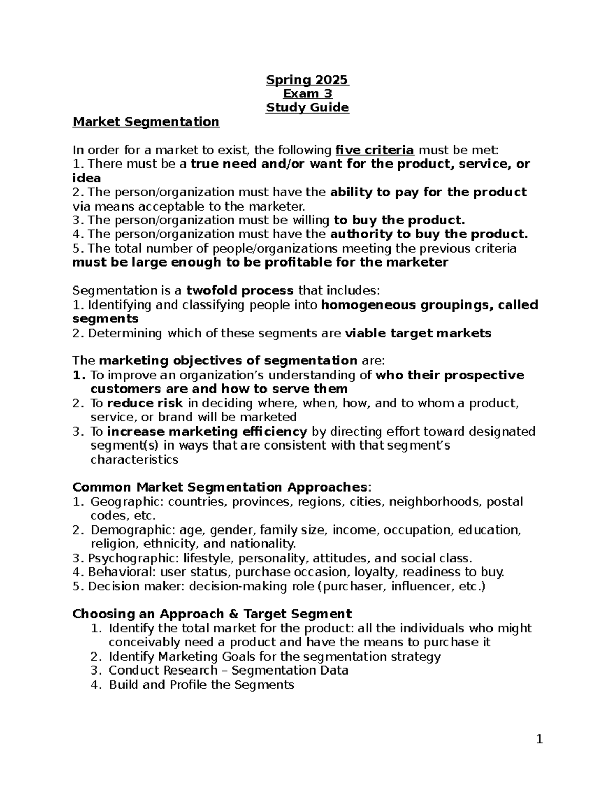 Spring 2025 Exam 3 Study Guide: Market Segmentation and Strategies ...