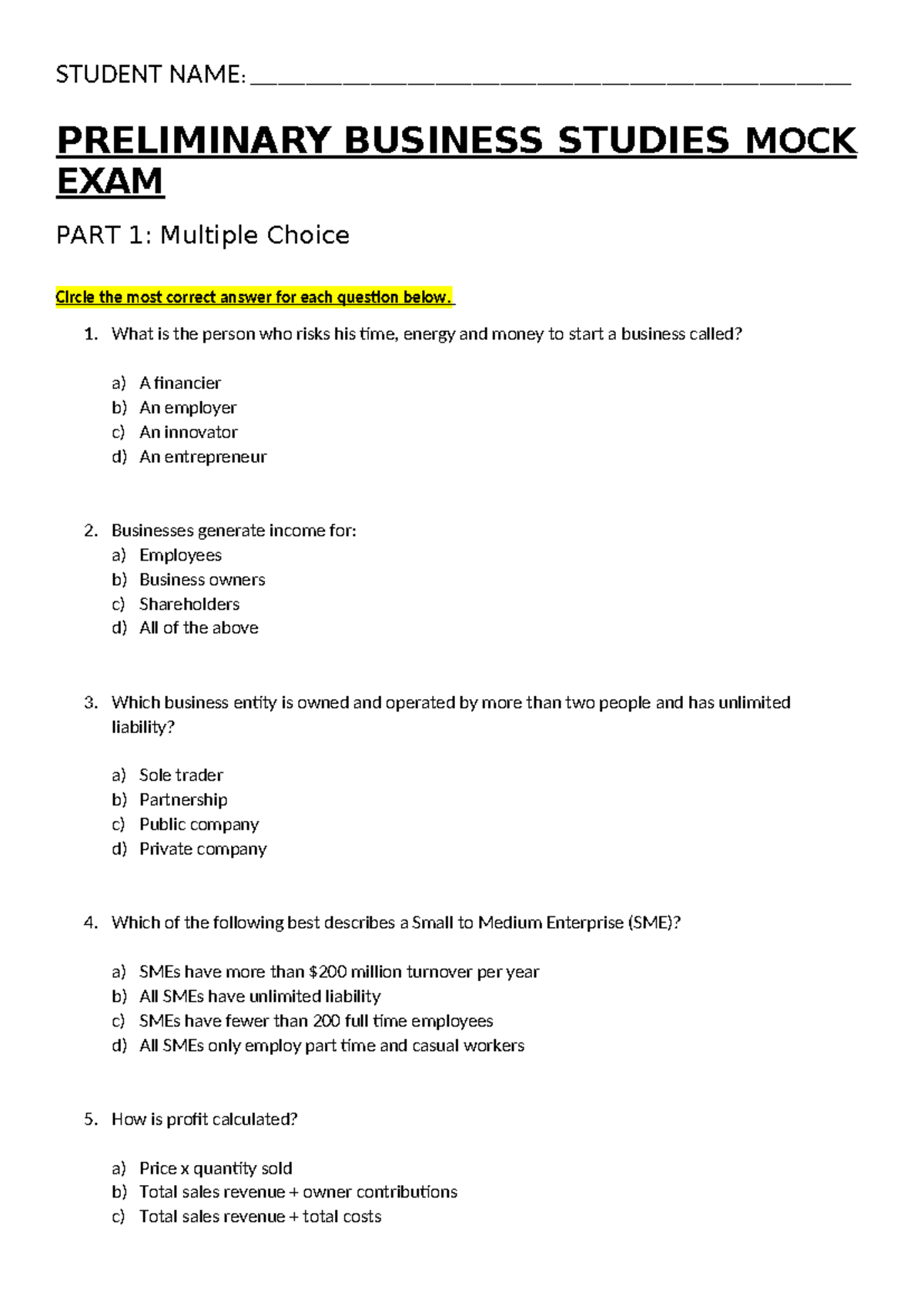 Business Studies - Preliminary Mock Exam 1: Multiple Choice & Short ...