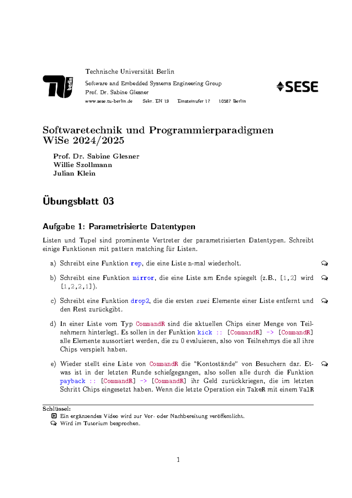 Blatt 03 - Parametrisierte Datentypen und Funktionen in Haskell - Studocu