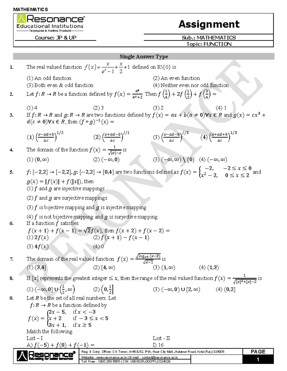 JP UP 1: Mathematics Assignment on Functions - Studocu