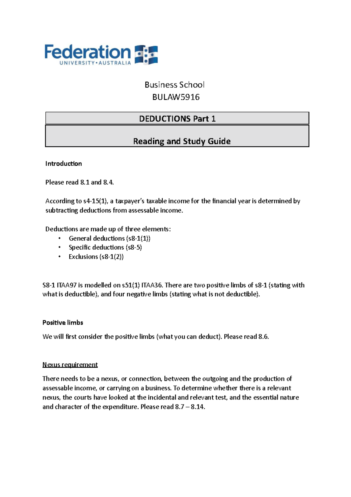 BULAW5916- Deductions part 1- Reading and study guide - Business School ...