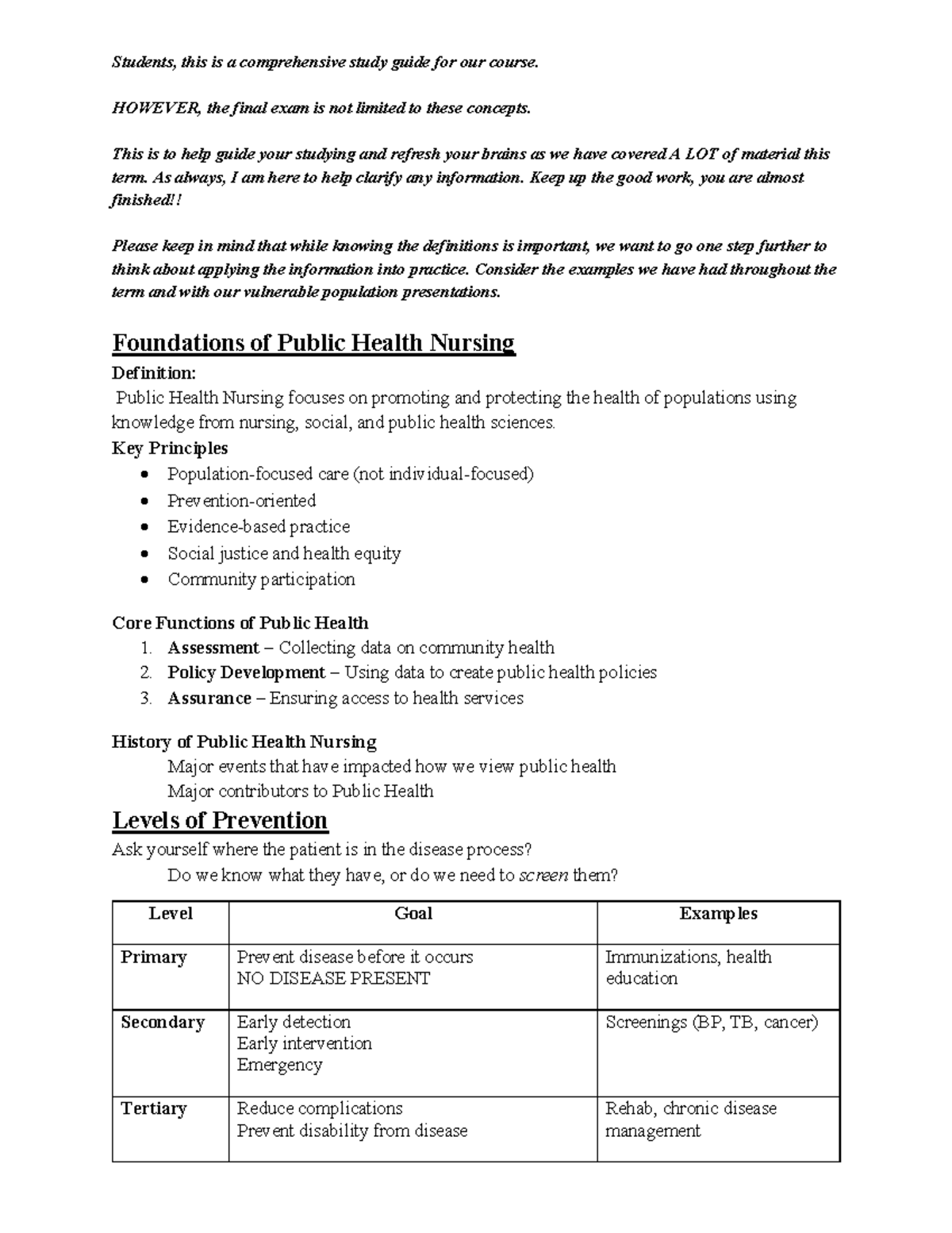 Final Exam Study Guide for N340: Public Health Nursing Concepts - Studocu