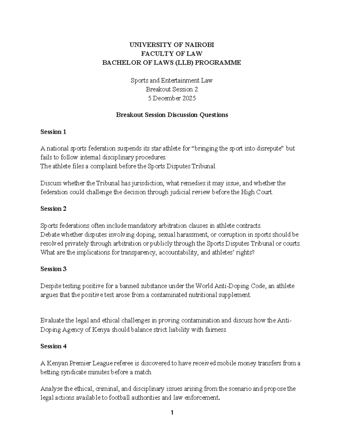05.12.2025 LLB Sports Law Breakout Session 2 Discussion Questions - Studocu
