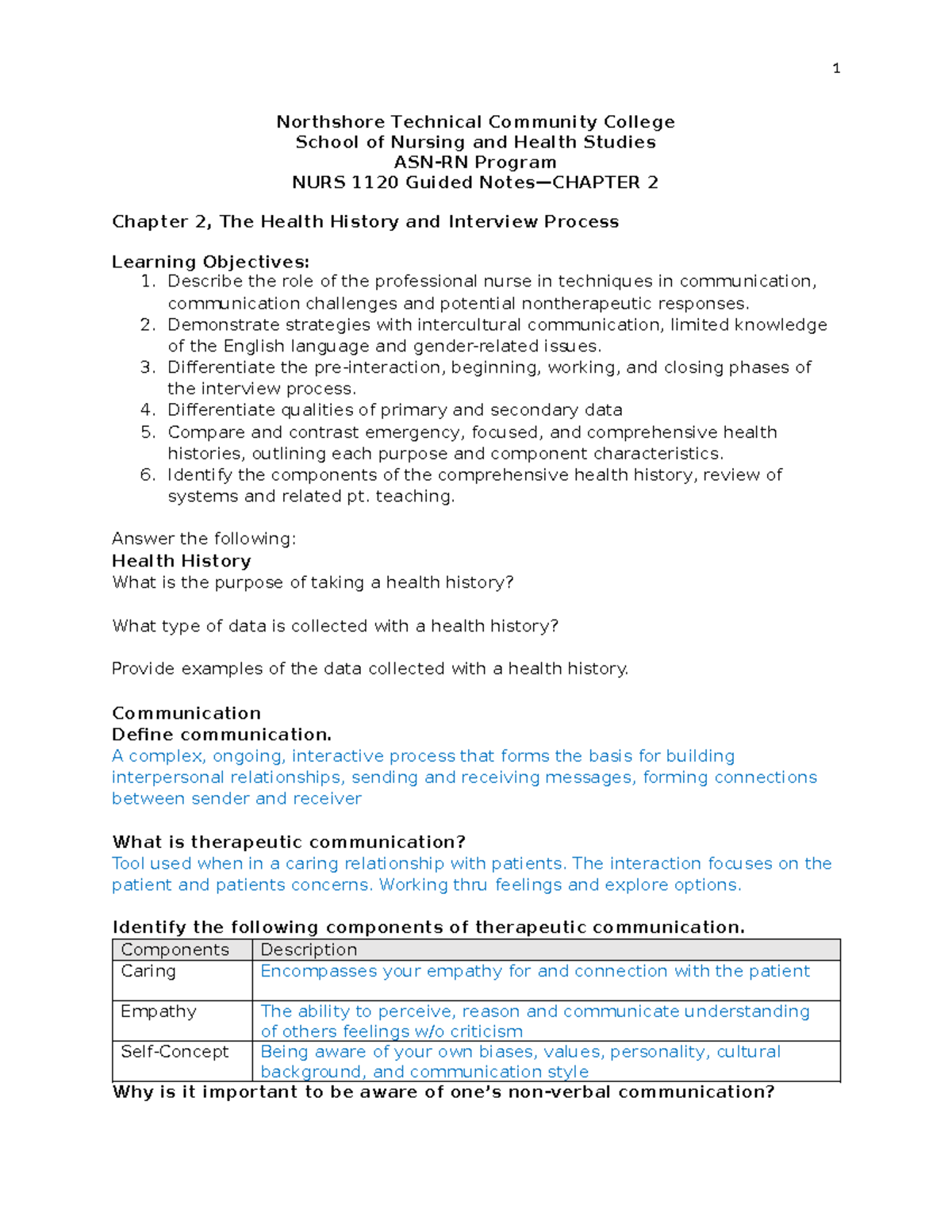 NURS 1120 Guided Notes: Chapter 2 - Health History & Communication ...
