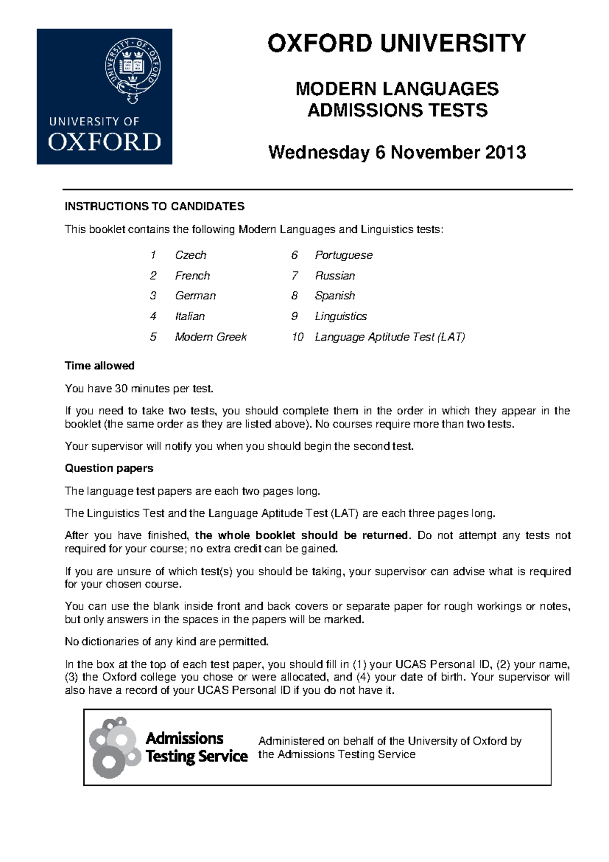 Modern Languages Admissions Test 2013 - Oxford University - Studocu
