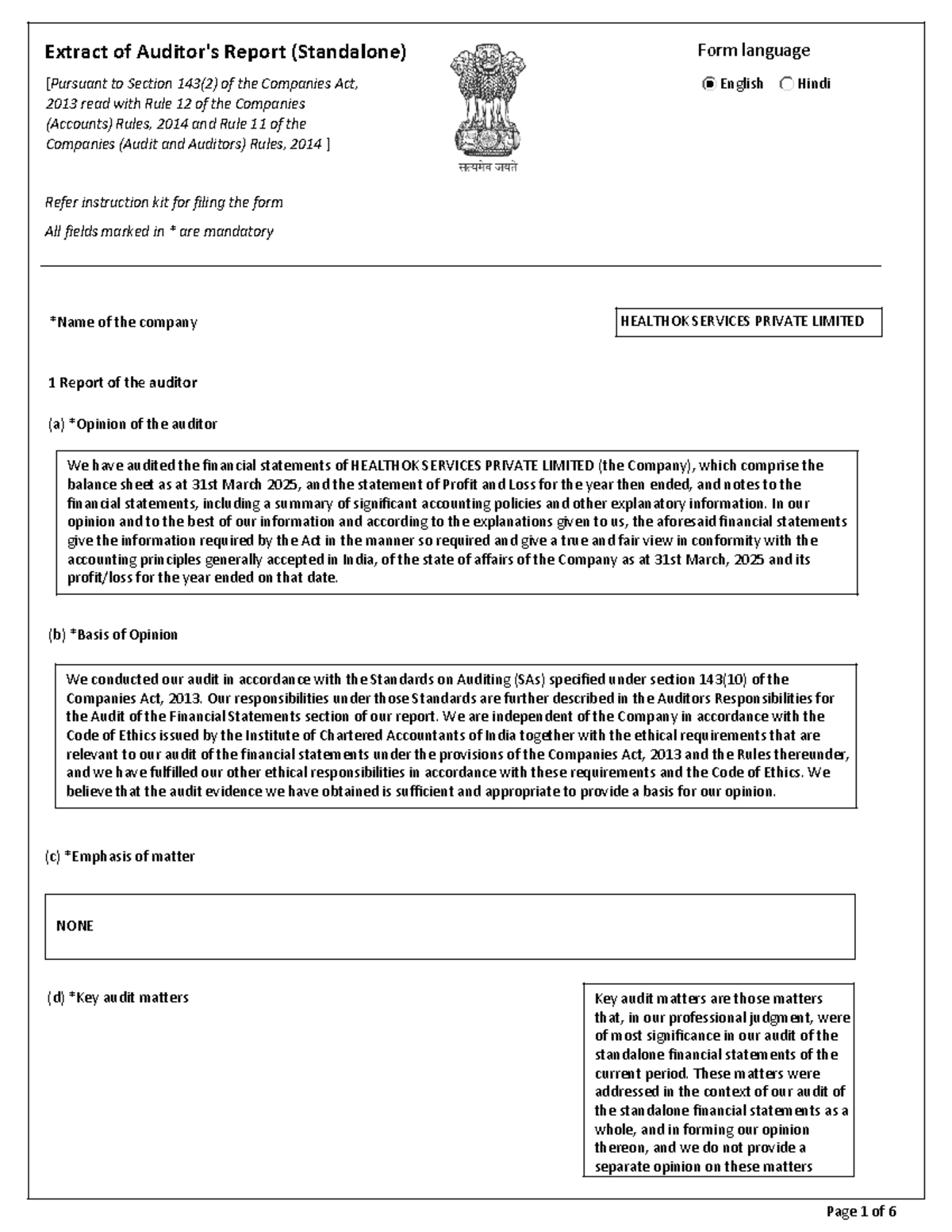 Extract of Auditor's Report (Standalone) for HEALTHOK Services Pvt Ltd ...