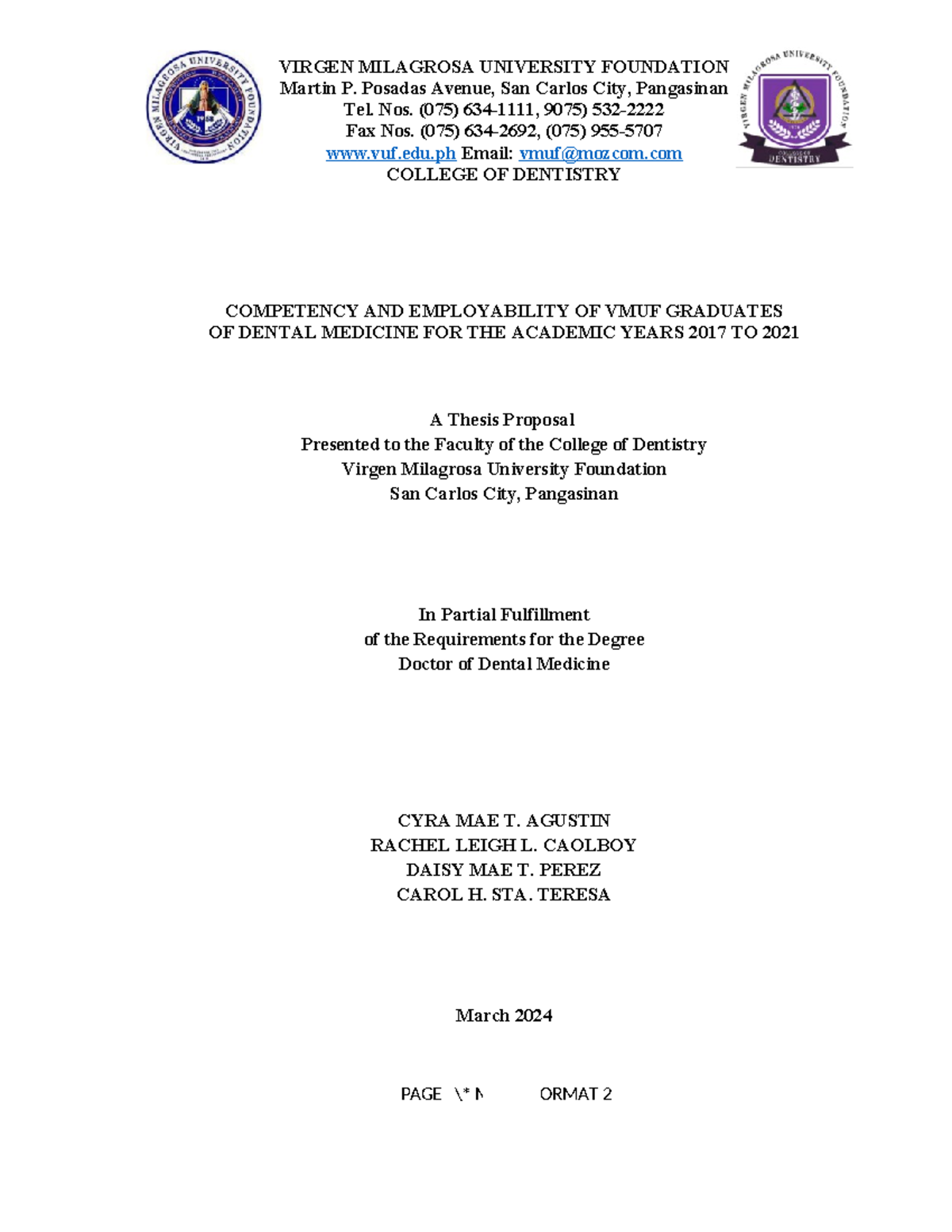 VMUF 2023 Thesis Proposal: Competency & Employability of Dental ...