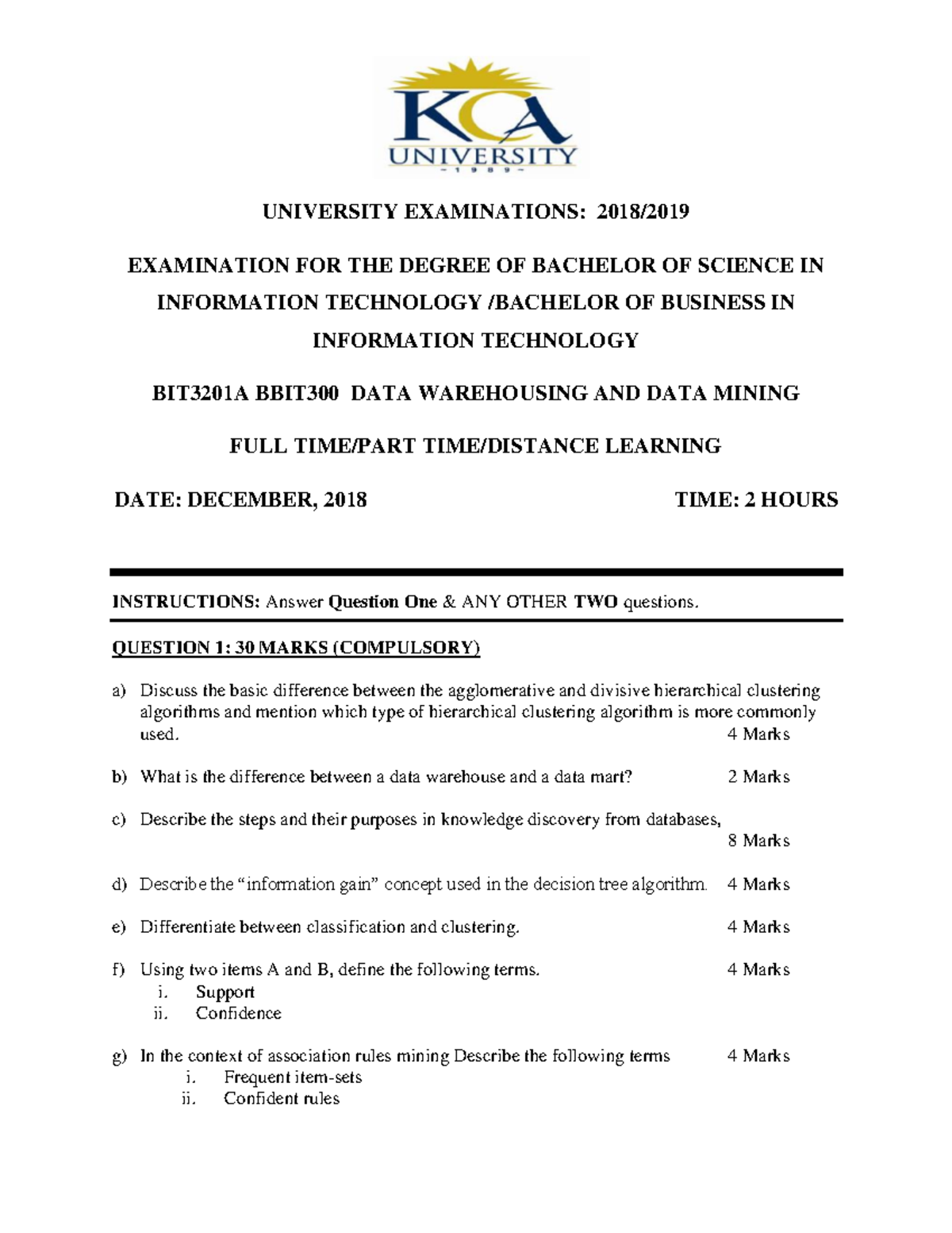 BIT3201A BBIT300 Final Exam: Data Warehousing & Mining 2018 - Document Preview