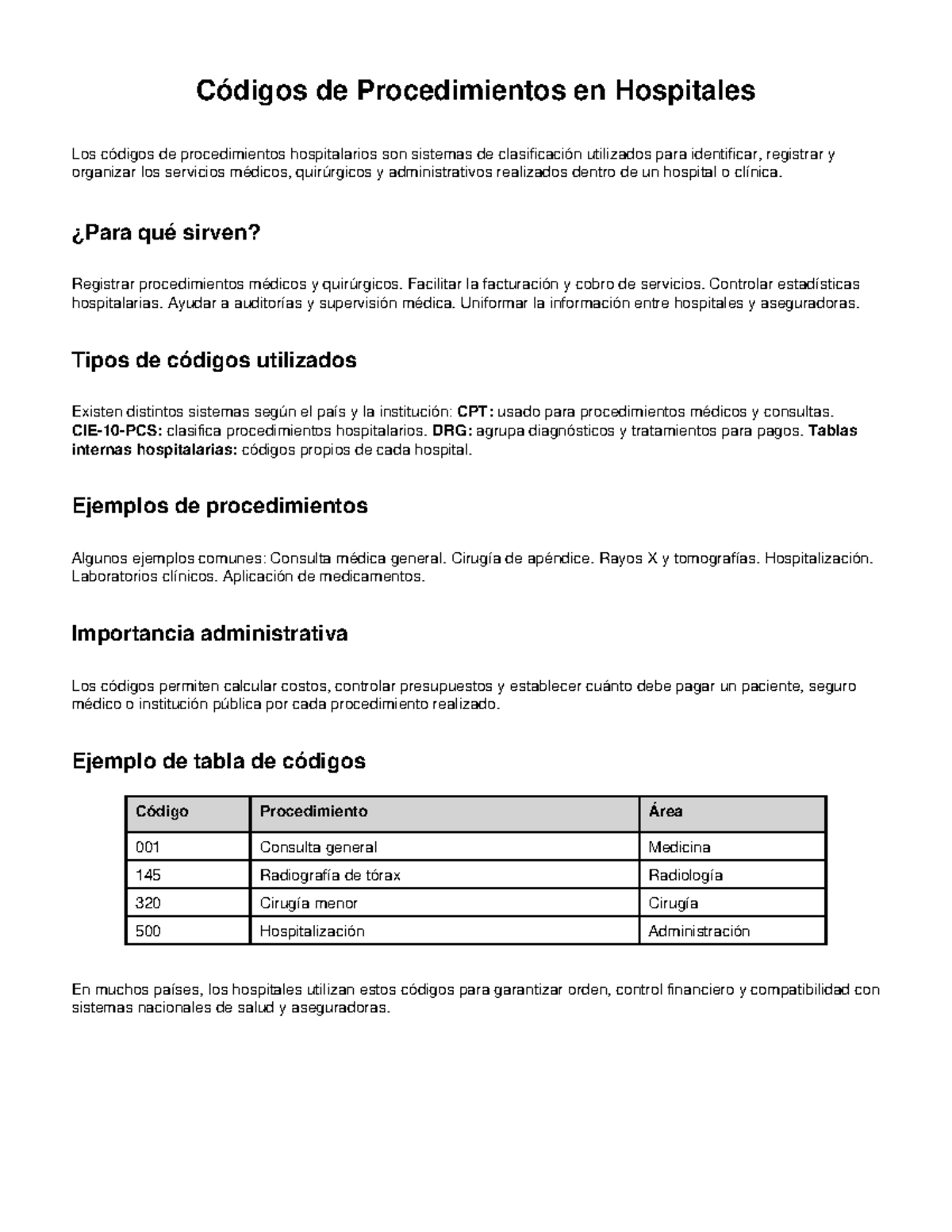 Códigos de Procedimientos Hospitalarios: Clasificación y Uso - Studocu