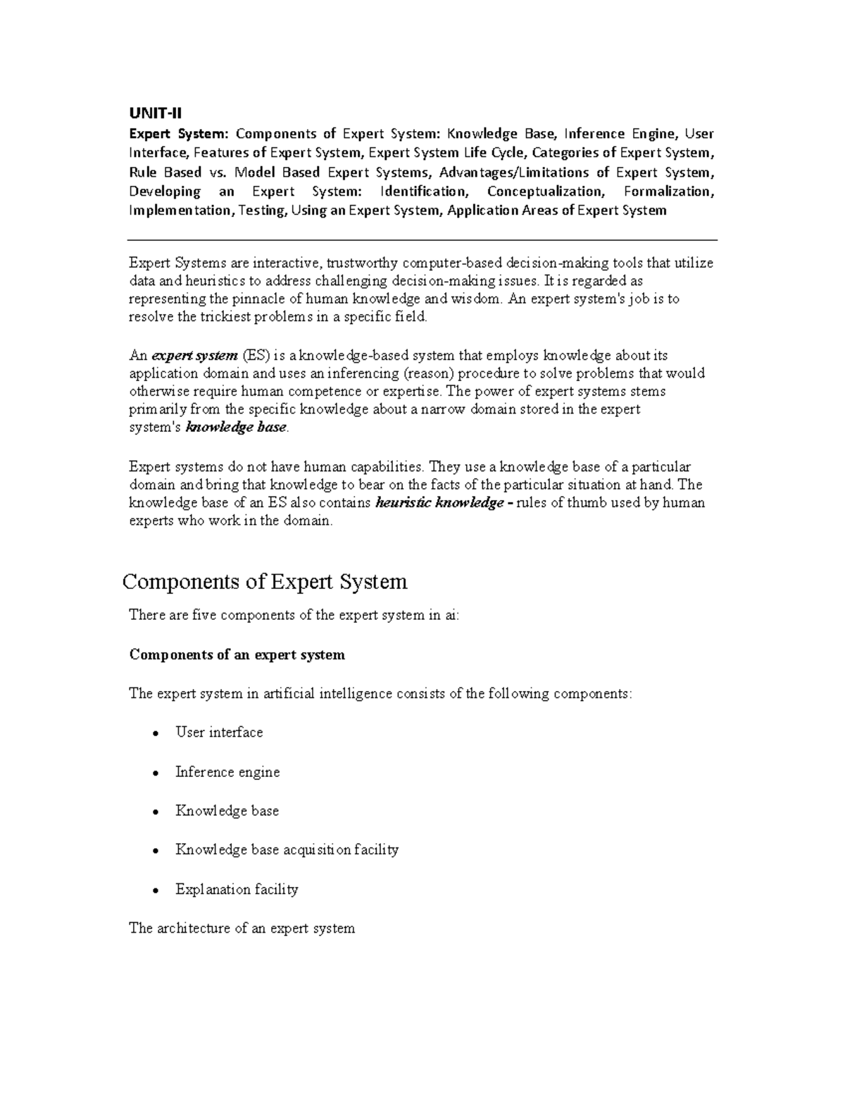 AI-Unit2: Comprehensive Overview of Expert Systems and Their Components ...