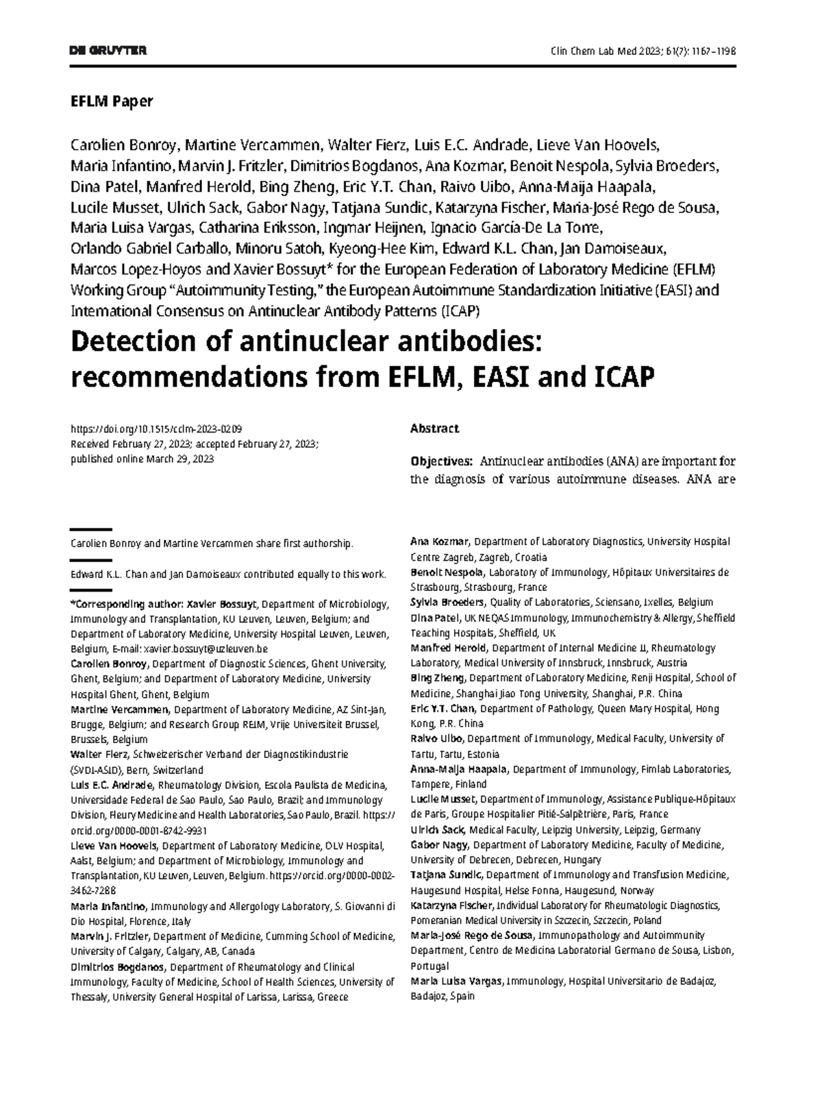Detection of antinuclear antibodies: recommendations from EFLM, EASI ...