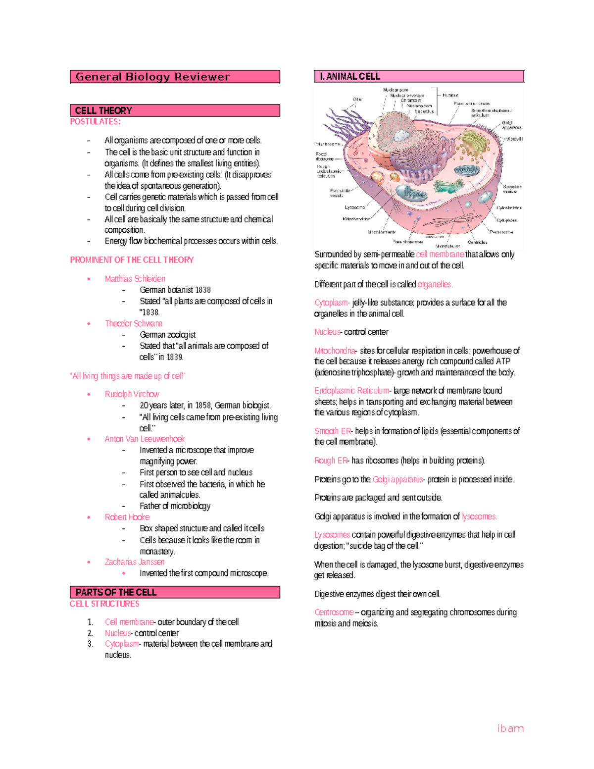 General Biology Reviewer I: Animal Cell Structure & Function - Studocu