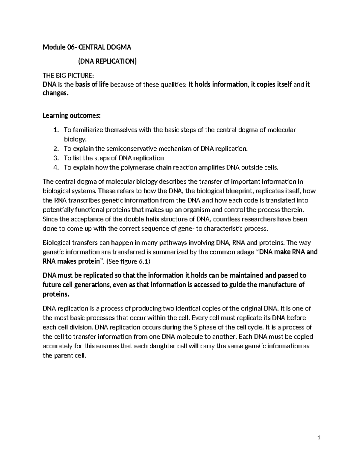 Cytogenenetics+module+06 - Module 06- CENTRAL DOGMA (DNA REPLICATION ...