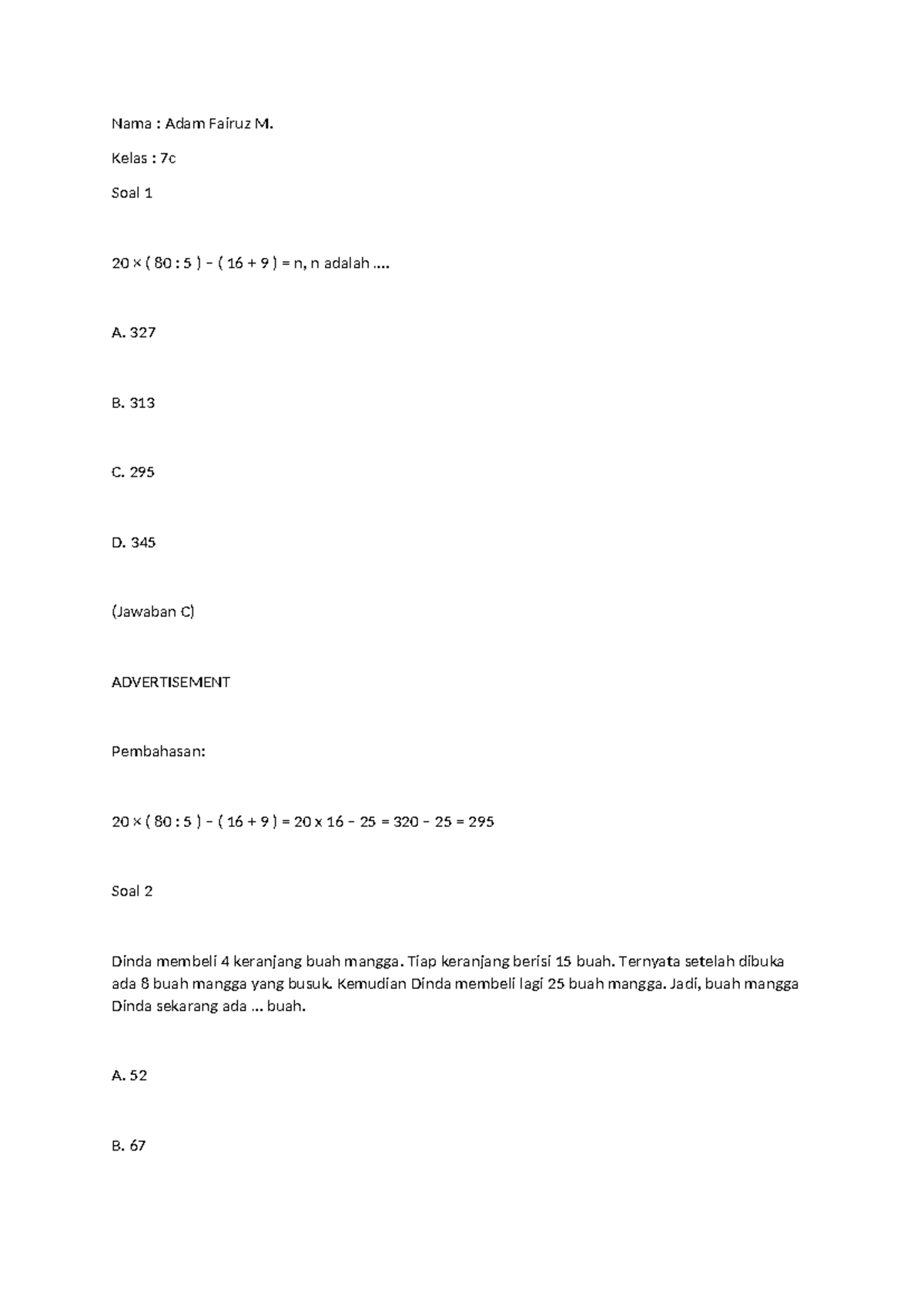 Soal Matematika Kelas 7C: Latihan dan Pembahasan - Studocu