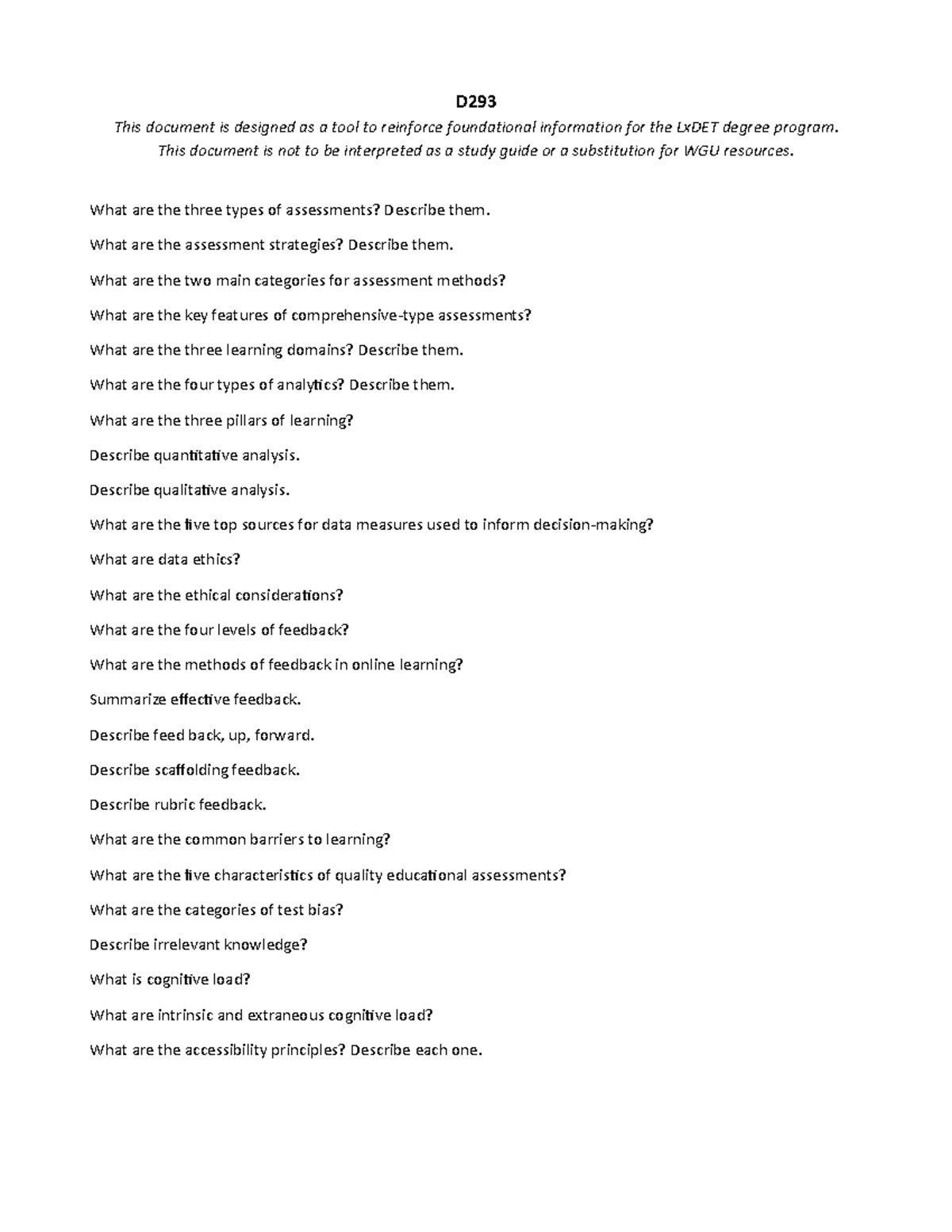 D293 Study Tool: Foundational Info for LxDET Assessments & Analytics ...