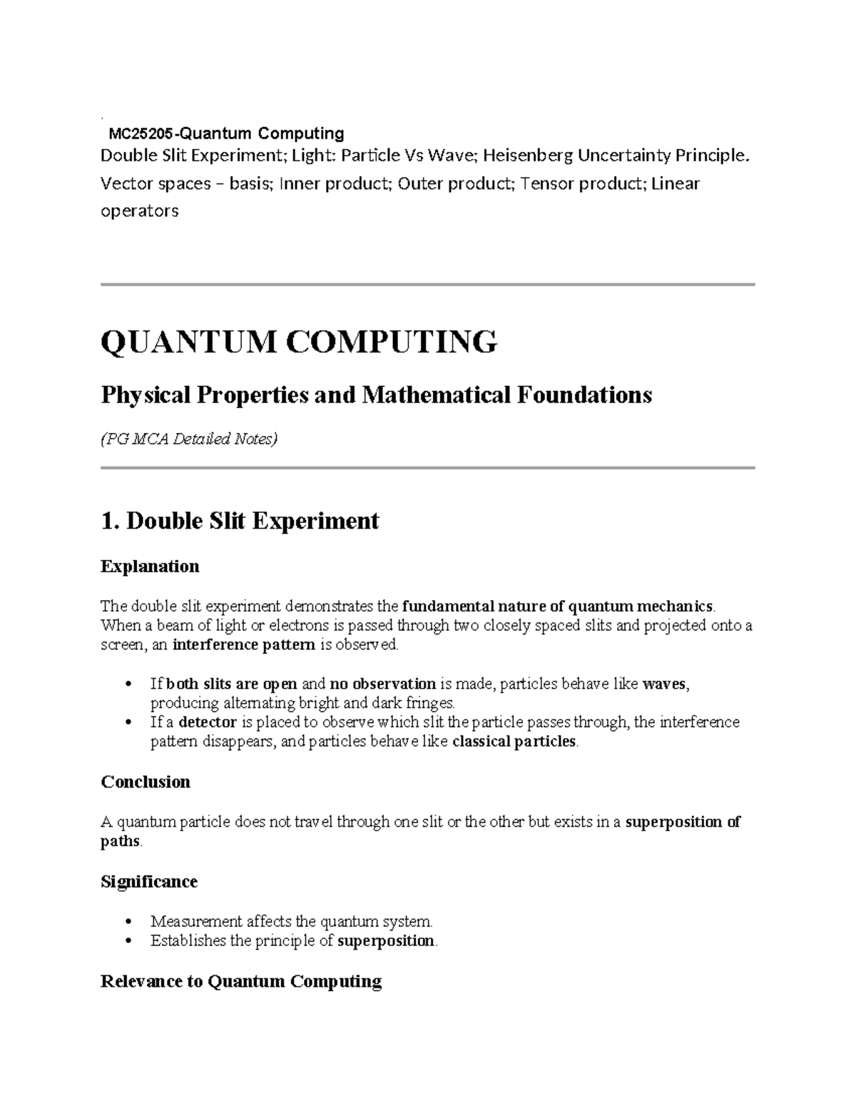 Quantum Computing (PG MCA) Unit 1: Double Slit Experiment & Quantum Principles - Document Preview