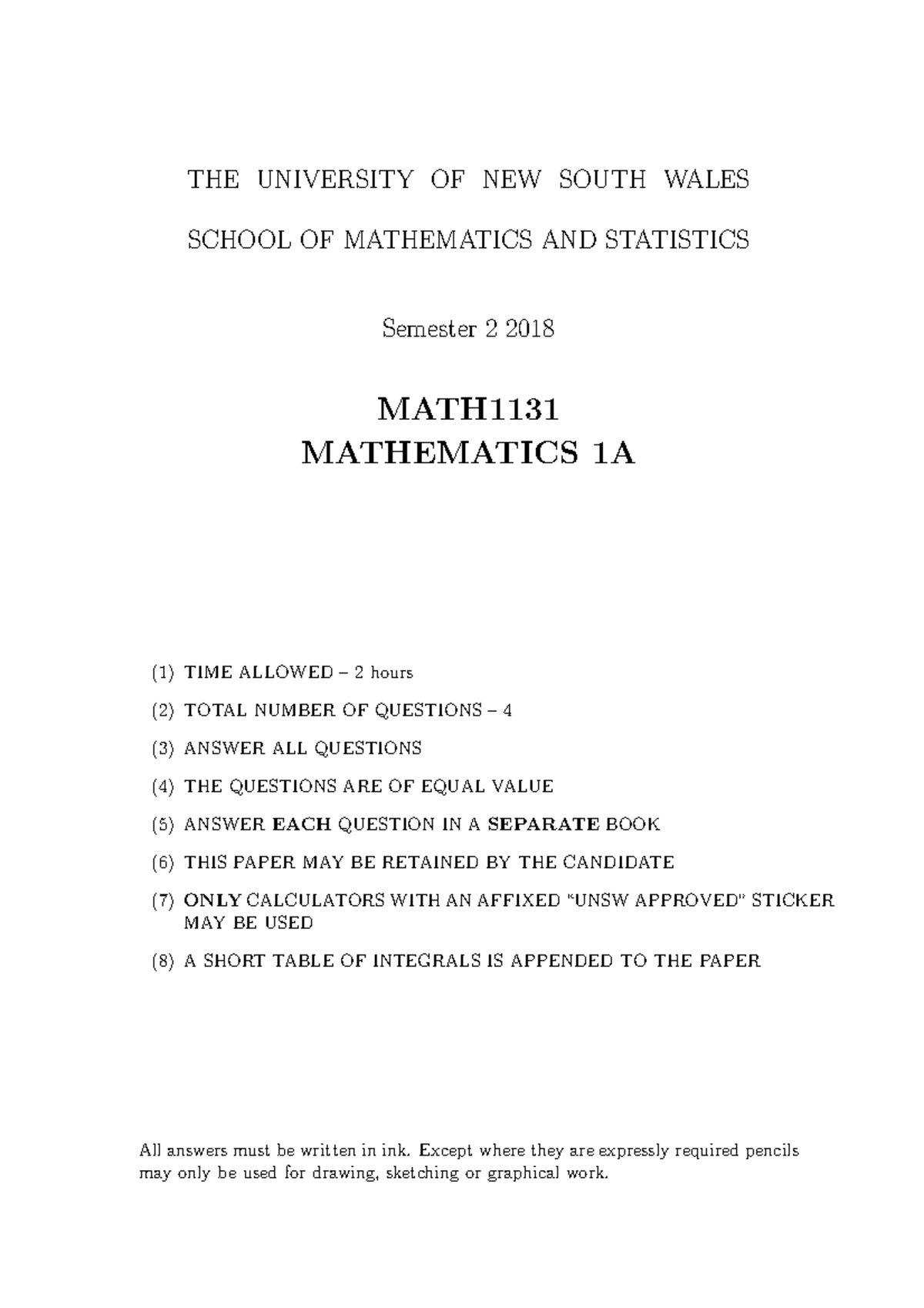 MATH1131 Final Exam Solutions & Questions - Semester 2, 2018 - Studocu
