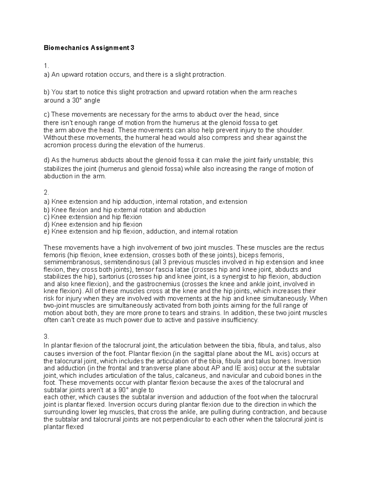 Biomechanics Assignment 3: Analyzing Arm and Leg Motions - Studocu