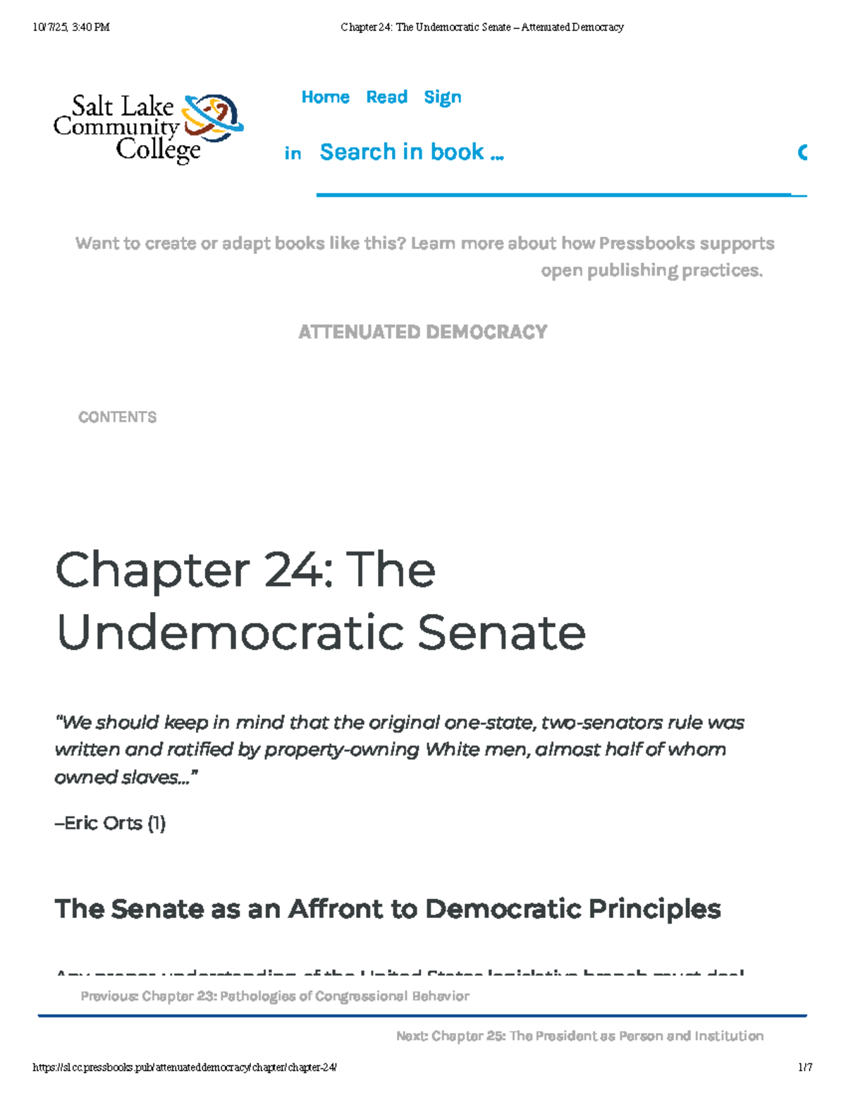 Chapter 24: The Undemocratic Senate - Attenuated Democracy (Course Code ...