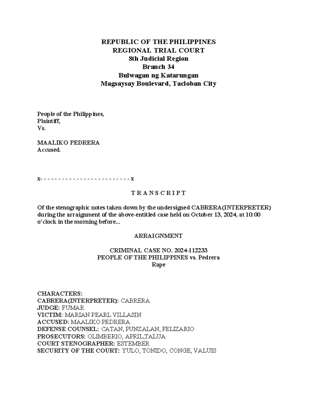 Trial Script - Criminal Case No. 2024-001: People vs. Pedrera - Studocu