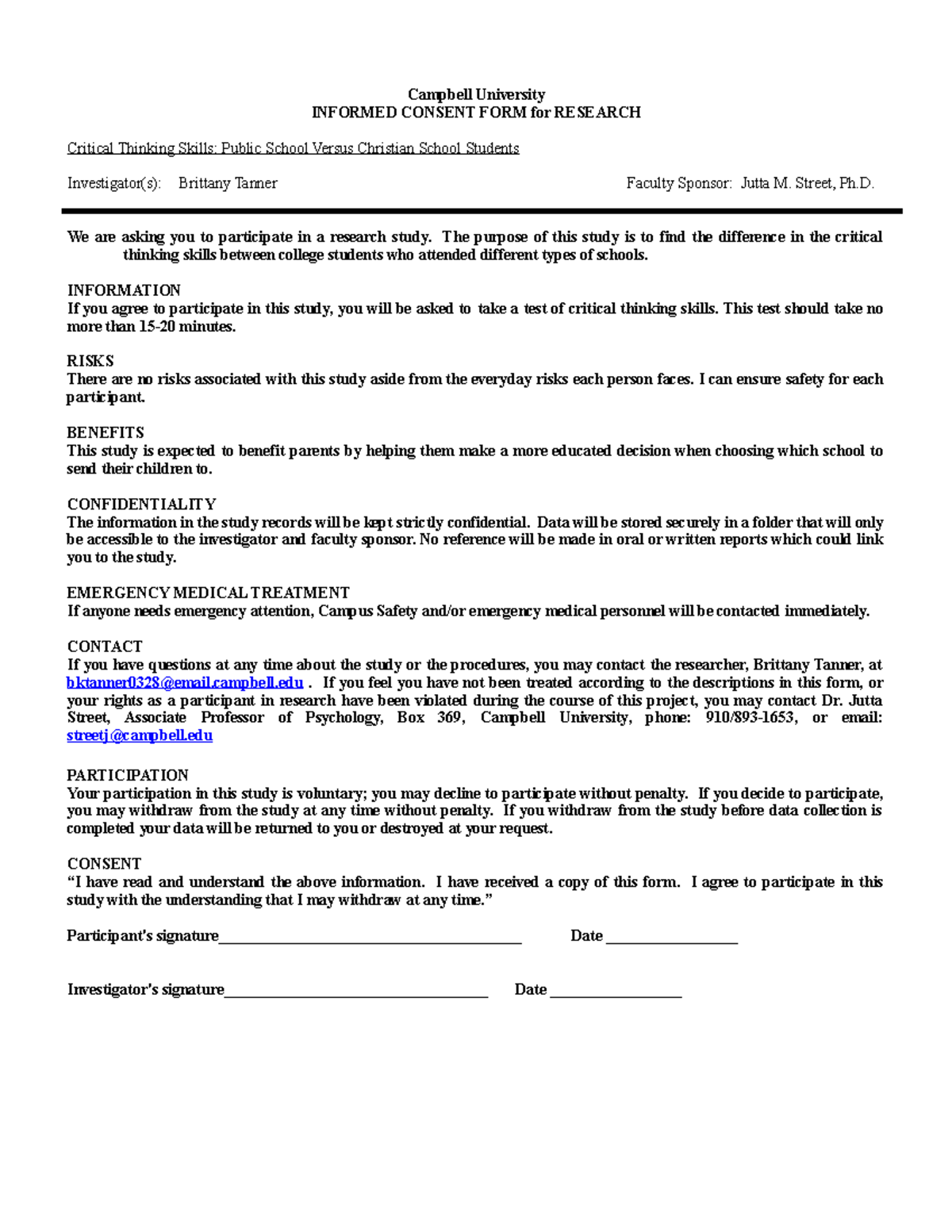Research Methods Informed Consent Form - Campbell University INFORMED ...