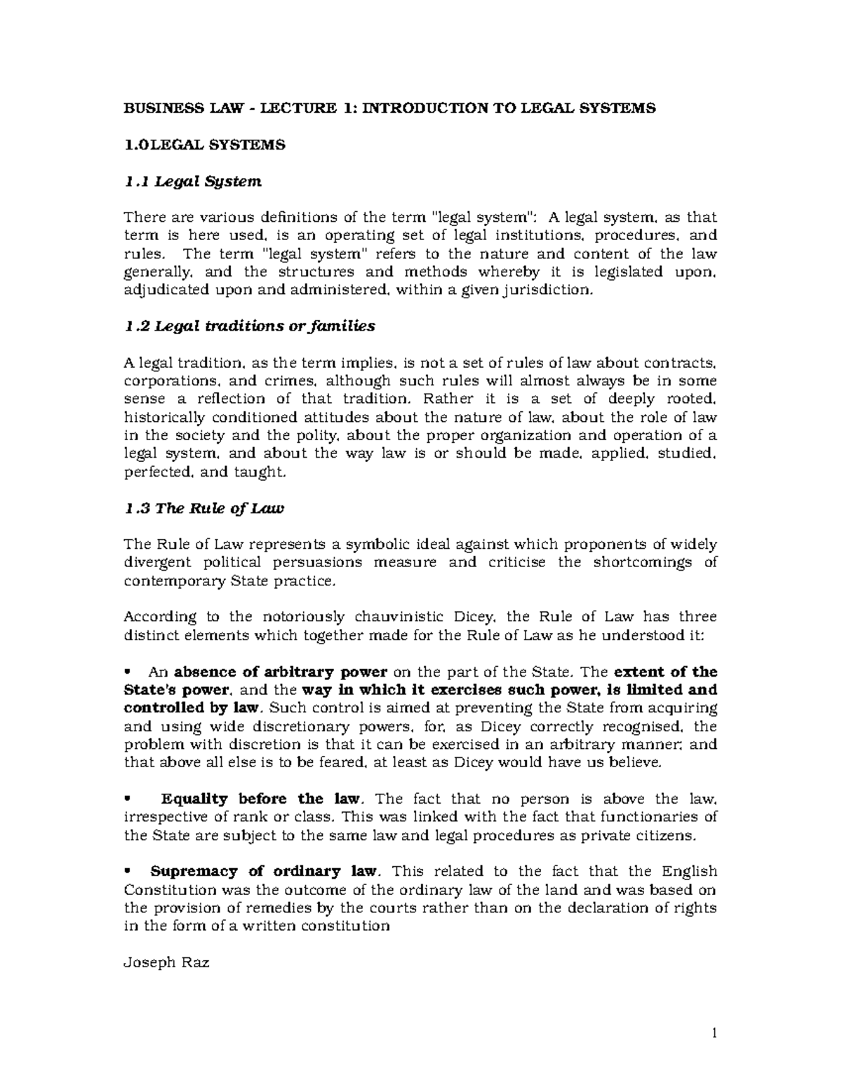 Business Law 1 - Lecture 1: Introduction to Legal Systems - Studocu