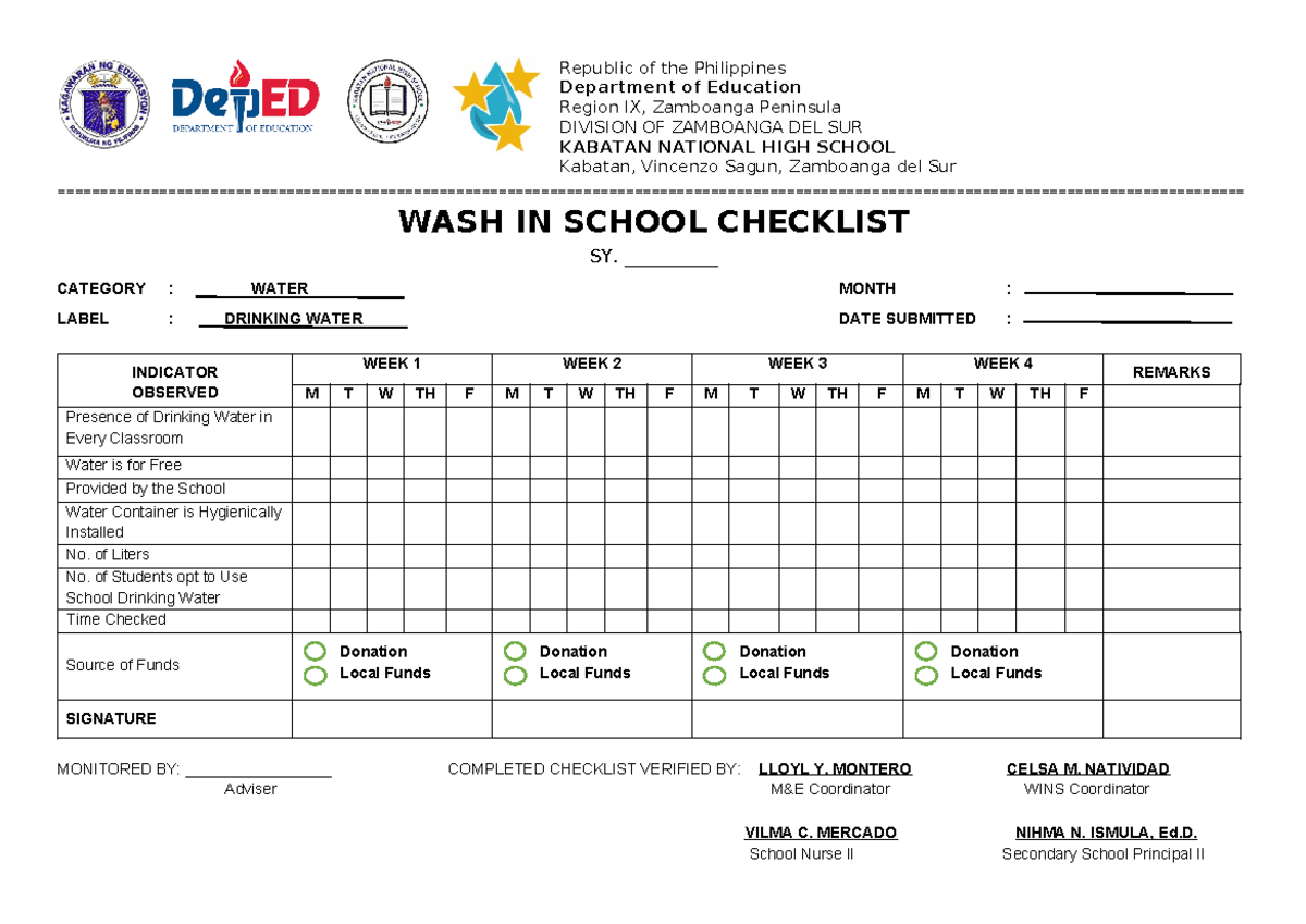 WINS Monitoring Tool Adjusted for Sanitation and Hygiene Checklist A4 ...