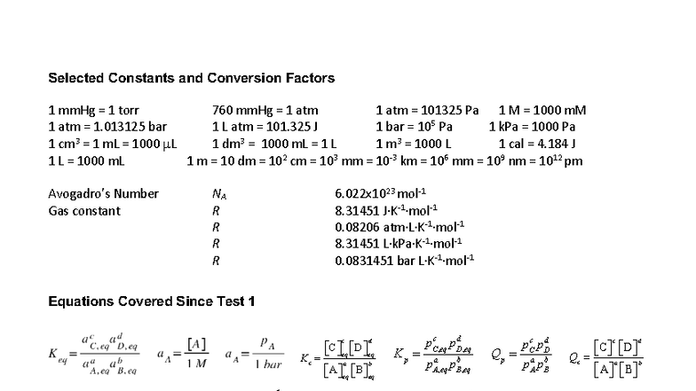 Test 2 Equation Sheet for Chemistry (CHEM 101) - Studocu