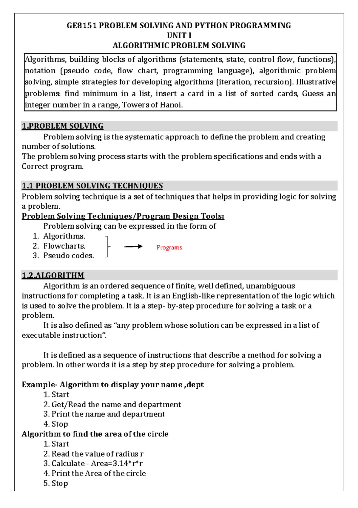 GE8151 PROBLEM SOLVING AND PYTHON PROGRAMMING UNIT I NOTES - Studocu