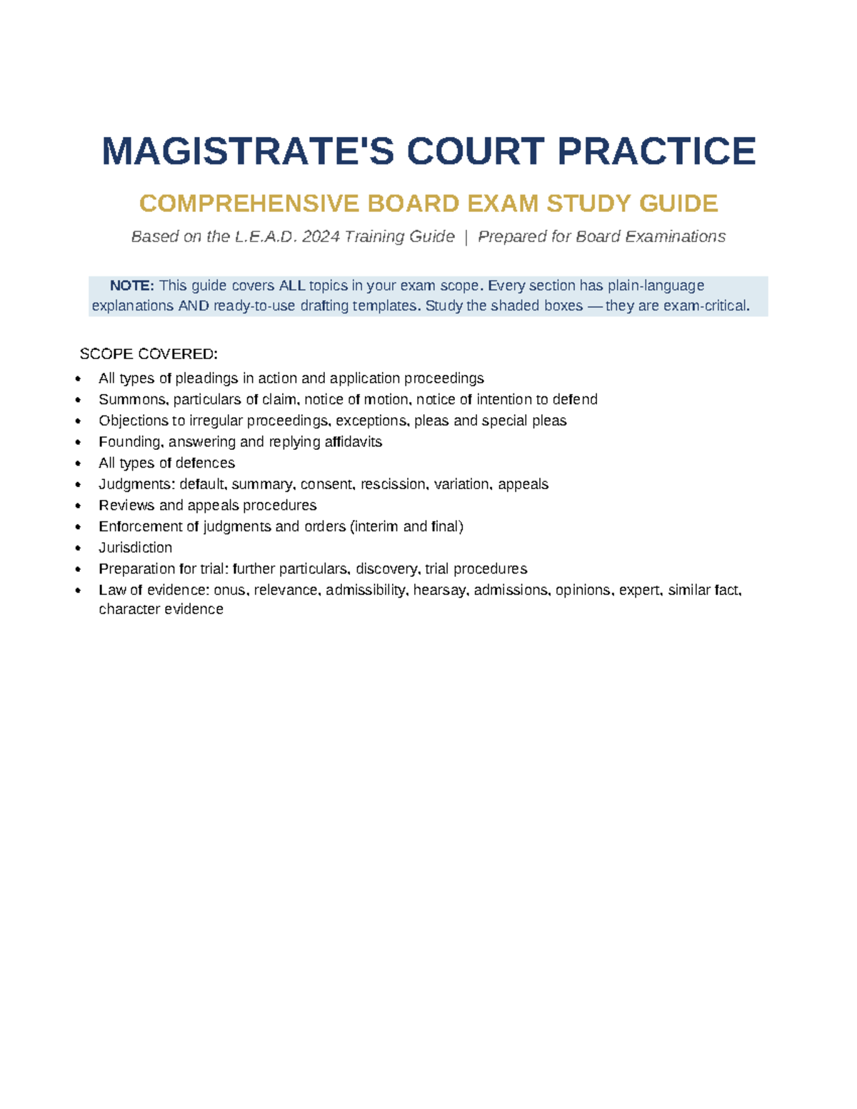 COURT PRACTICE COMPREHENSIVE BOARD EXAM STUDY GUIDE (L.E.A.D. 2024 ...
