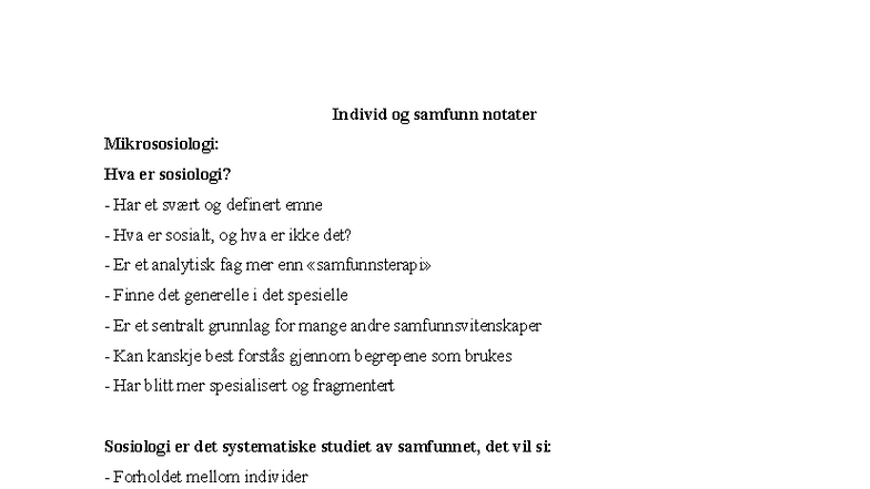 Mikrososiologi: Notater om Individ og Samfunn - Studocu
