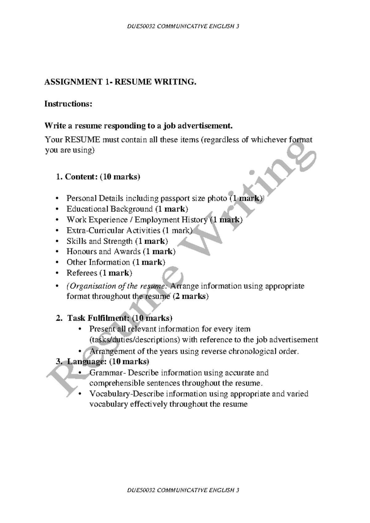DUE50032 Final Assignment - Resume Writing Instructions - Studocu
