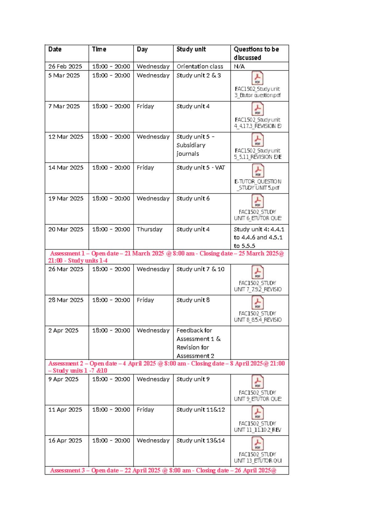 FAC1502 Semester 1 2025 Class Timetable and Assessment Dates - Studocu