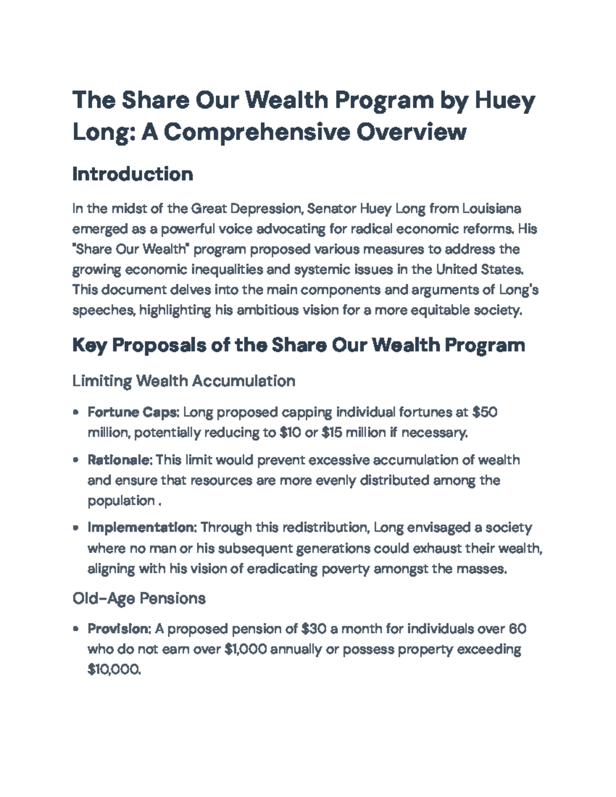 Huey Long's Share Our Wealth Program: An Overview of Economic Reforms ...