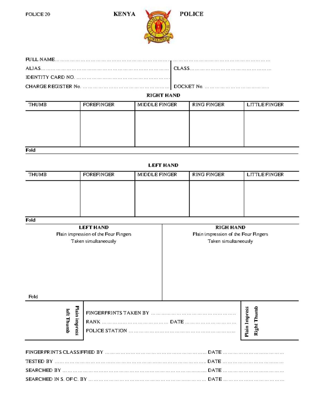 Kenya Police Fingerprint Form P20: Full Identity Card Details - Studocu