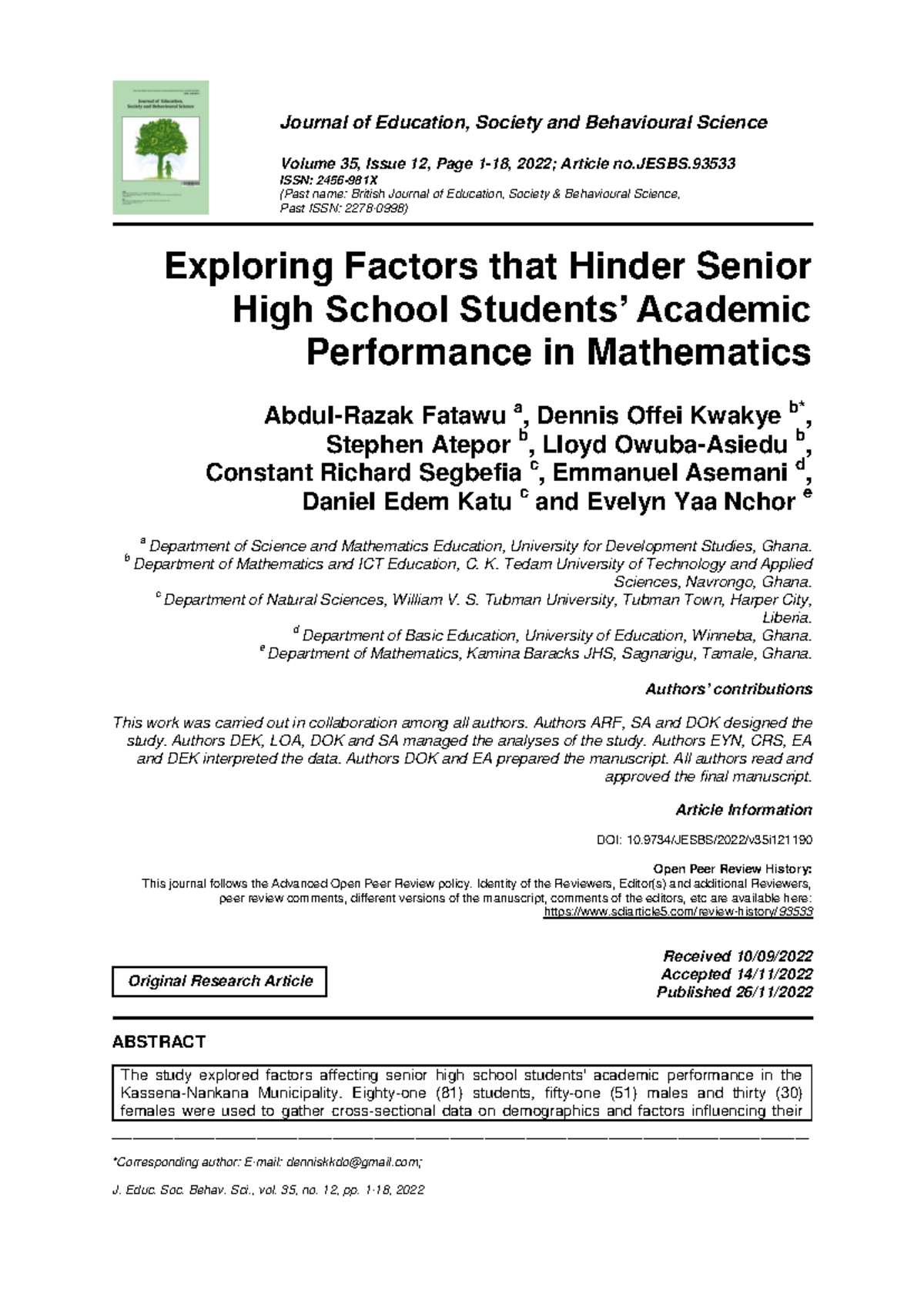 Exploring Factors Hindering Senior High School Math Performance (JESBS ...