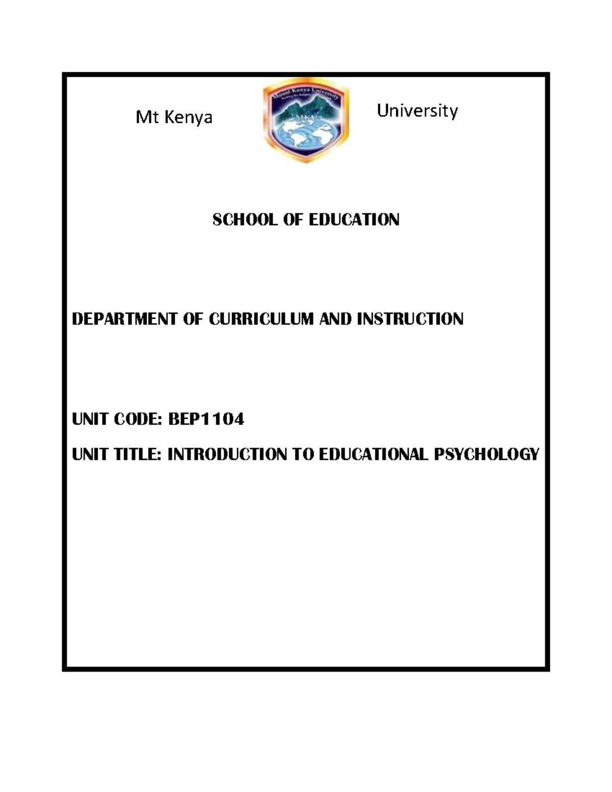 BEP1104+ Introduction+TO+ Educational+ Psychology - Mt Kenya University ...
