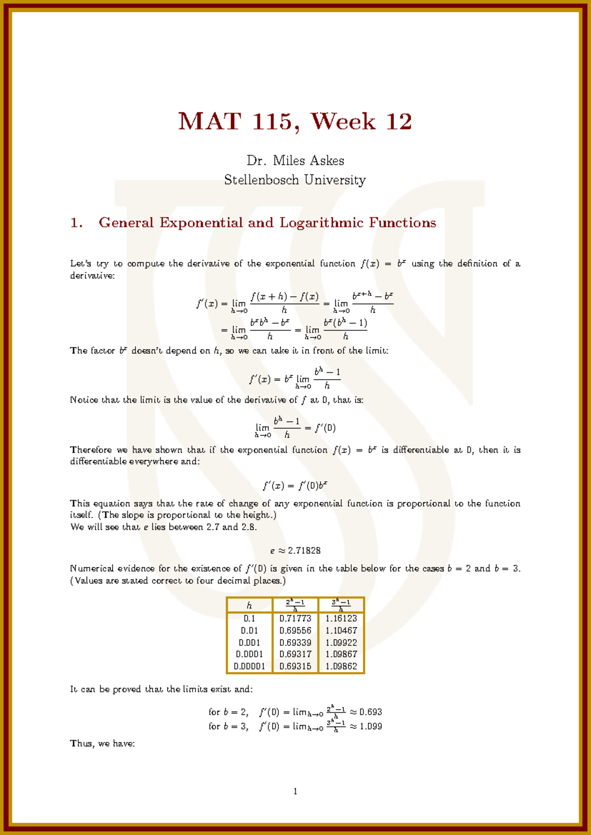MAT 115, Week 12 - Exponential and Logarithmic Functions Derivatives ...