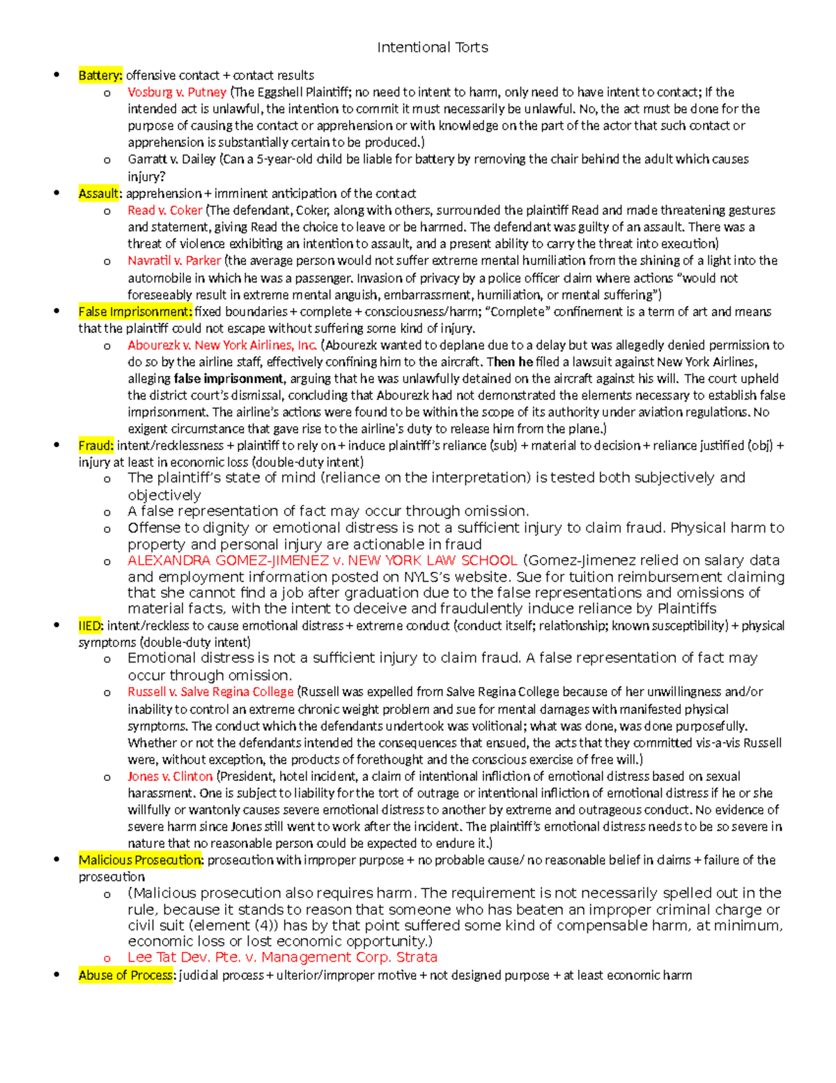 Torts Outline: Intentional Torts, Negligence, and Defenses (LAW 101 ...