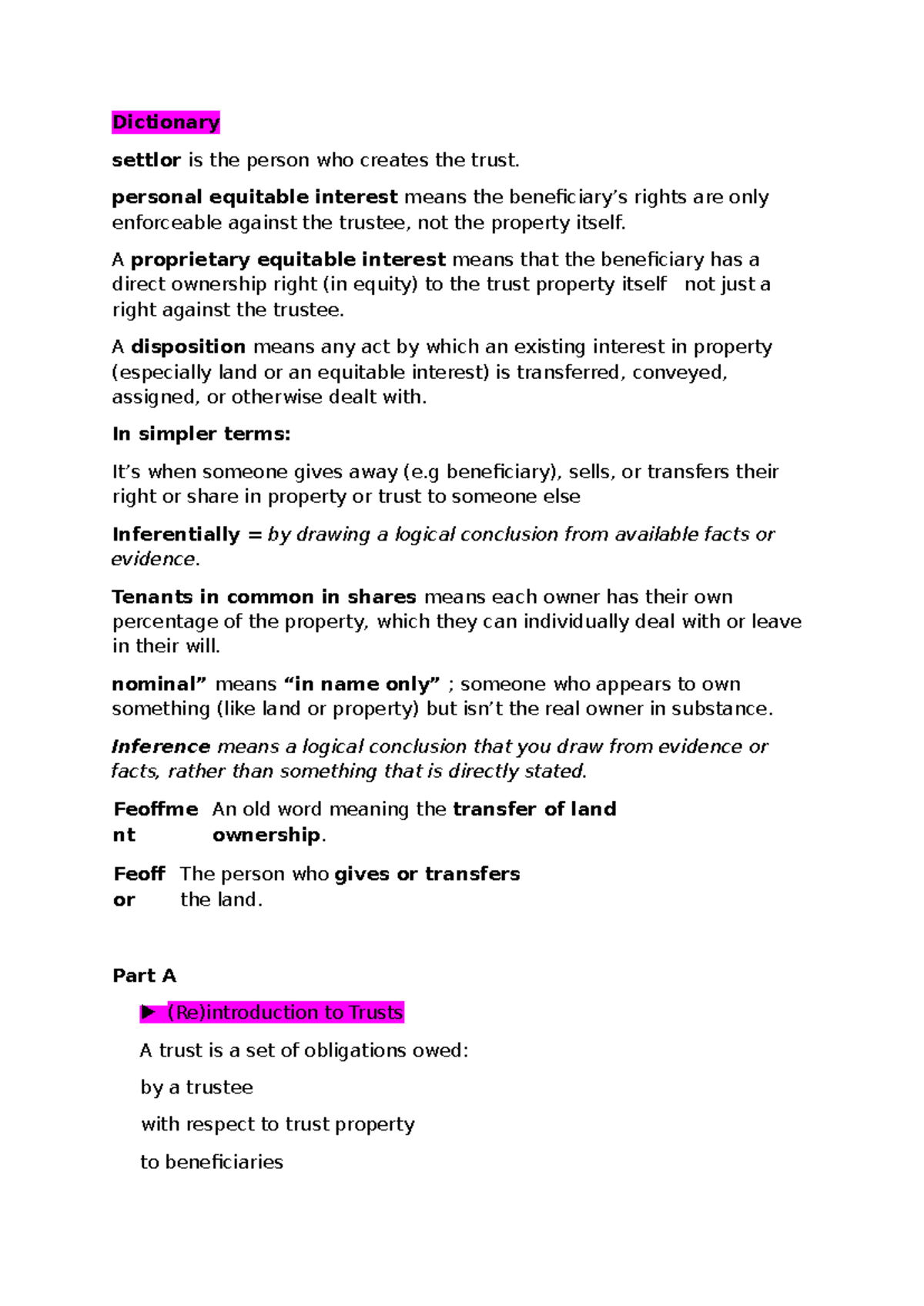 Trusts - Exam Prep Notes (LAW 101) - Studocu