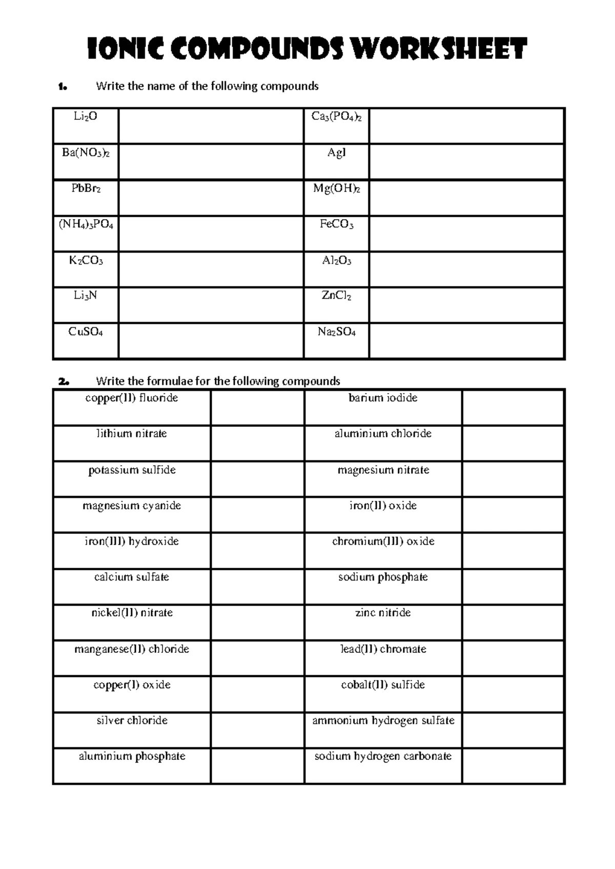 Optional - Ionic Compounds worksheet grid - Ionic Compounds worksheet ...