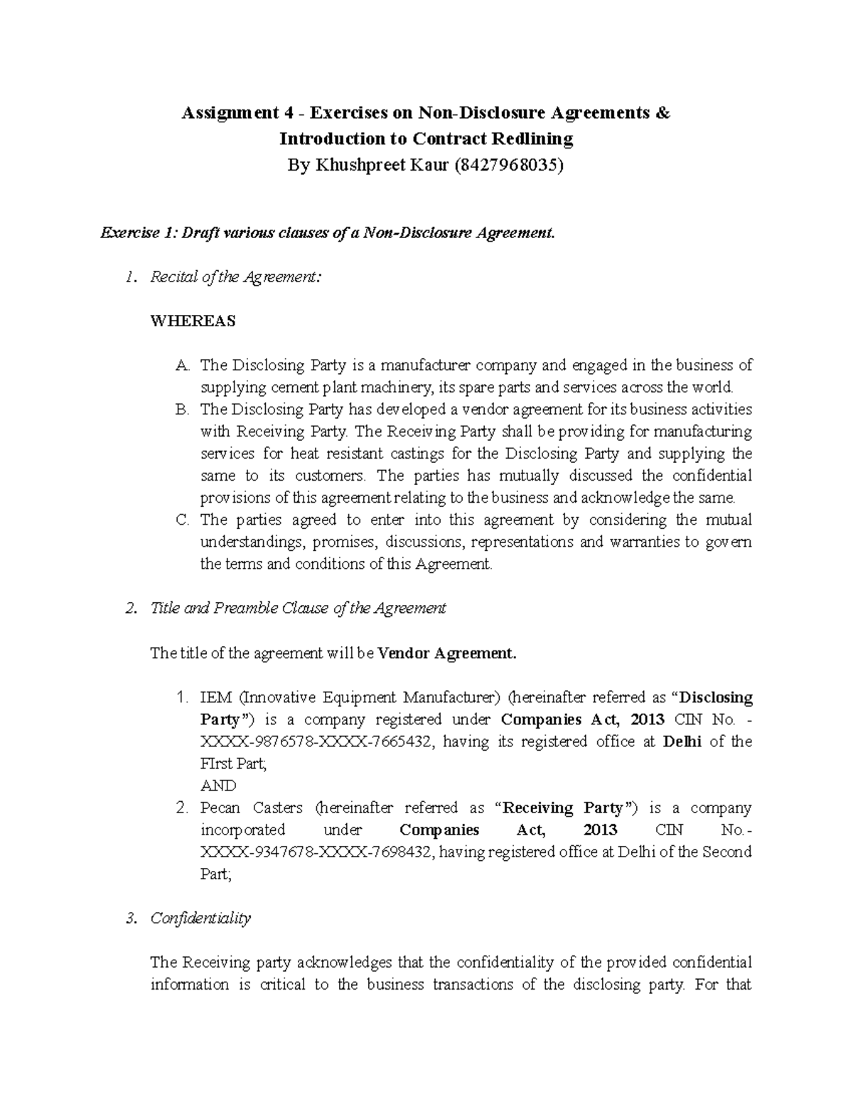 Assignment 4 - NDA Exercises and Contract Redlining Guide - Studocu