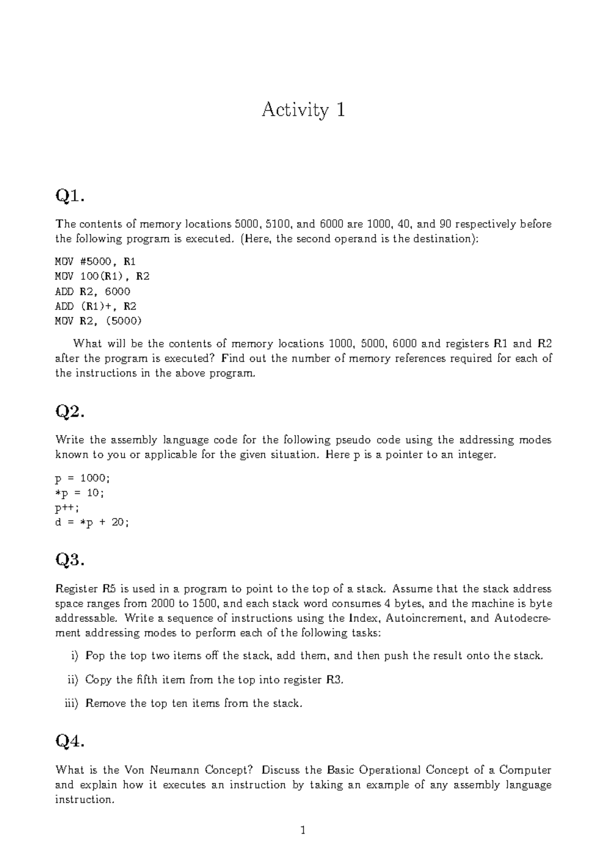Activity 1 Coa Memory Operations Assembly Language Tasks Studocu