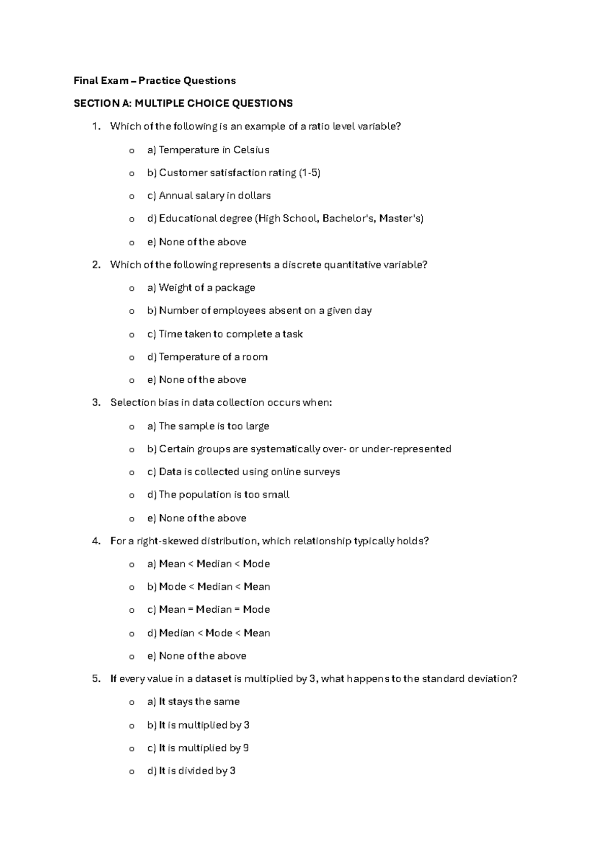 Final Exam Practice Questions for Statistics 101 - Studocu