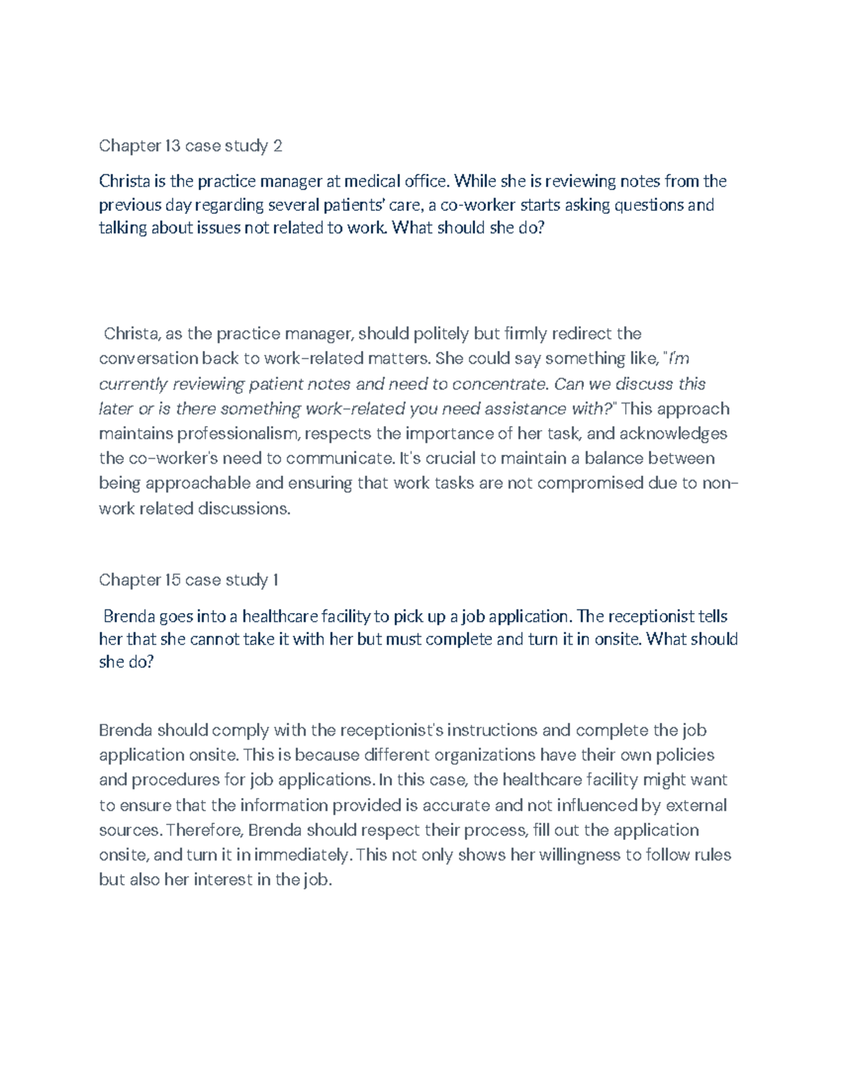 Case Study Analysis for Chapters 13 & 15 in Healthcare Management - Studocu